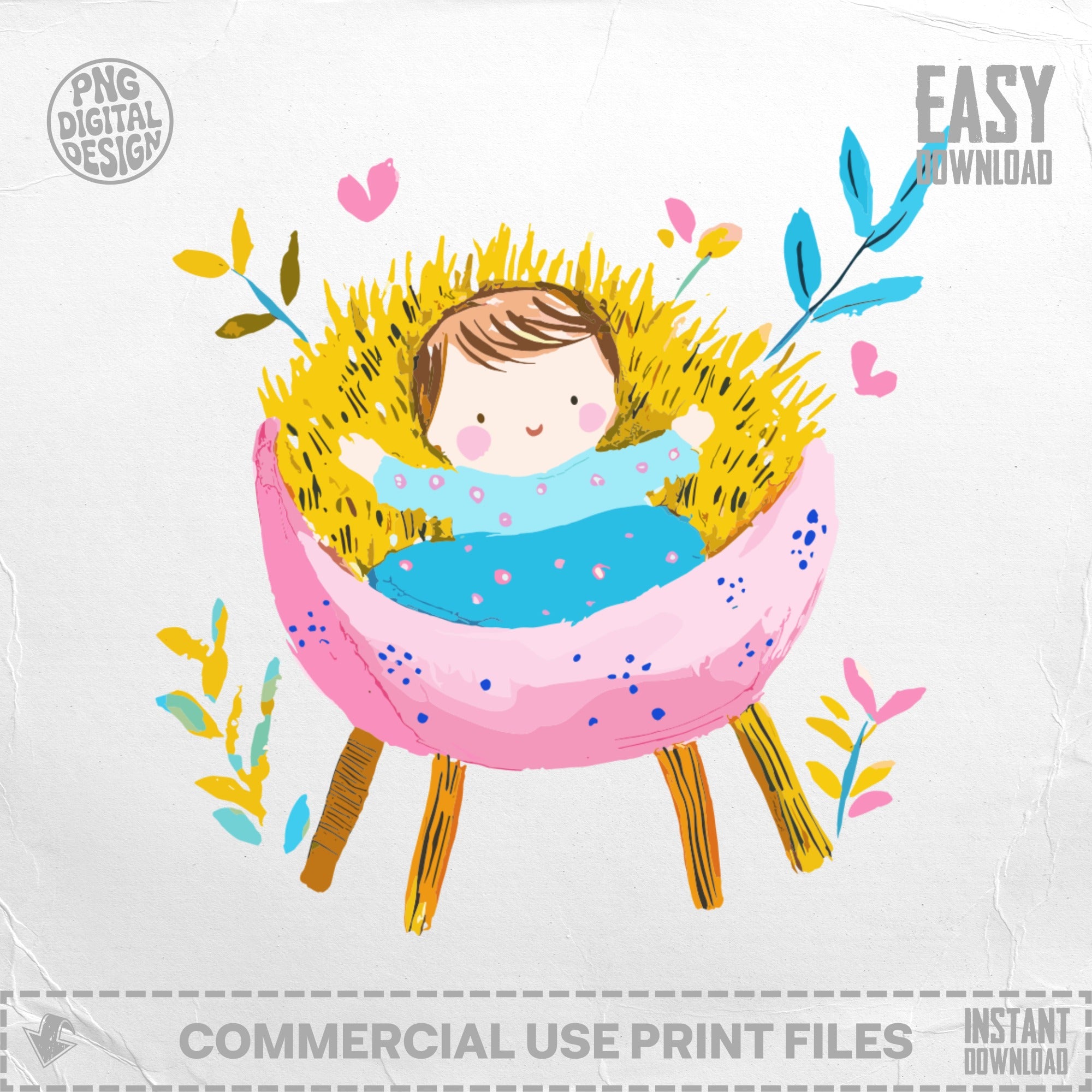 Baby in a pink manger with straw, surrounded by colorful leaves and hearts.