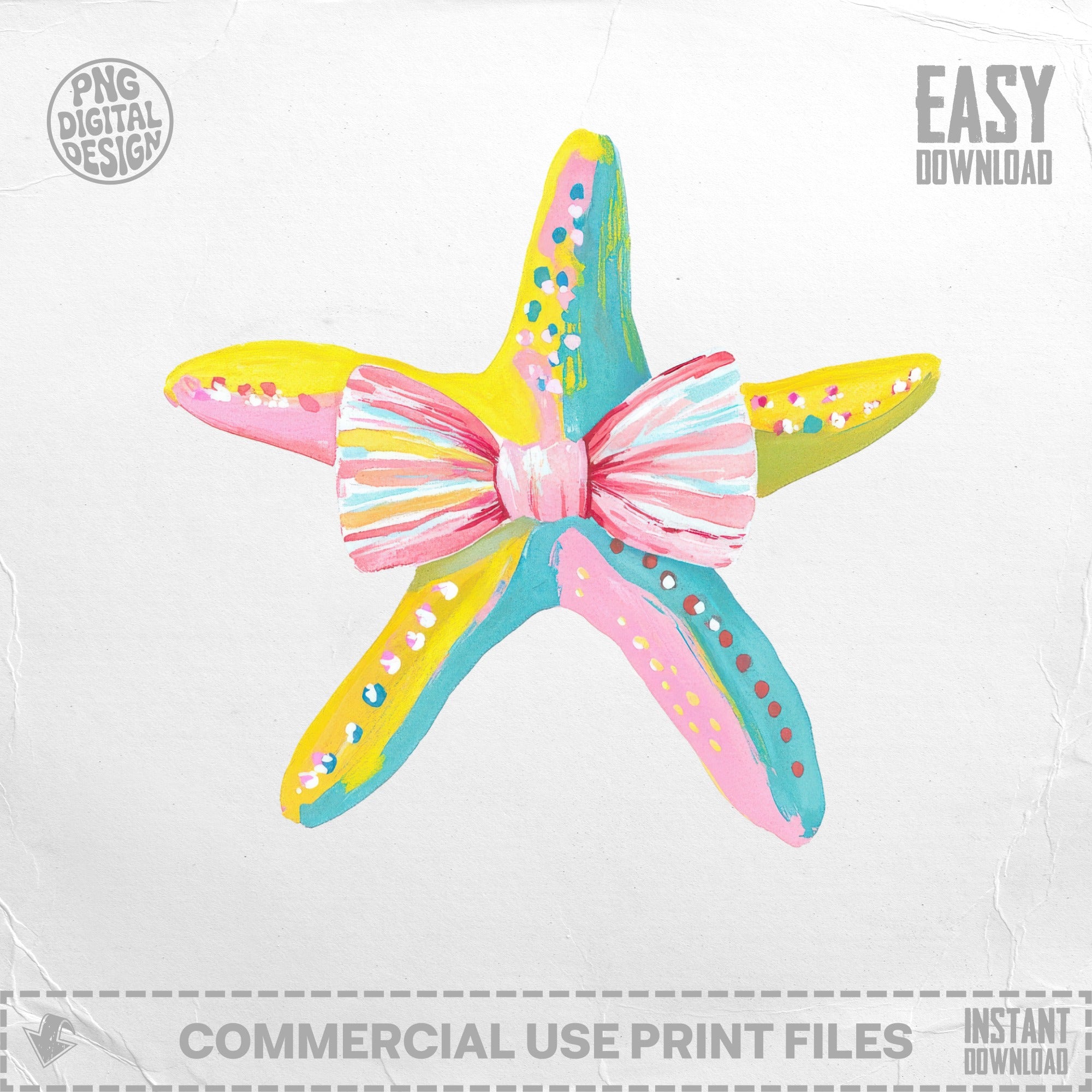 Hand-painted starfish with a pink bow and colorful dots.