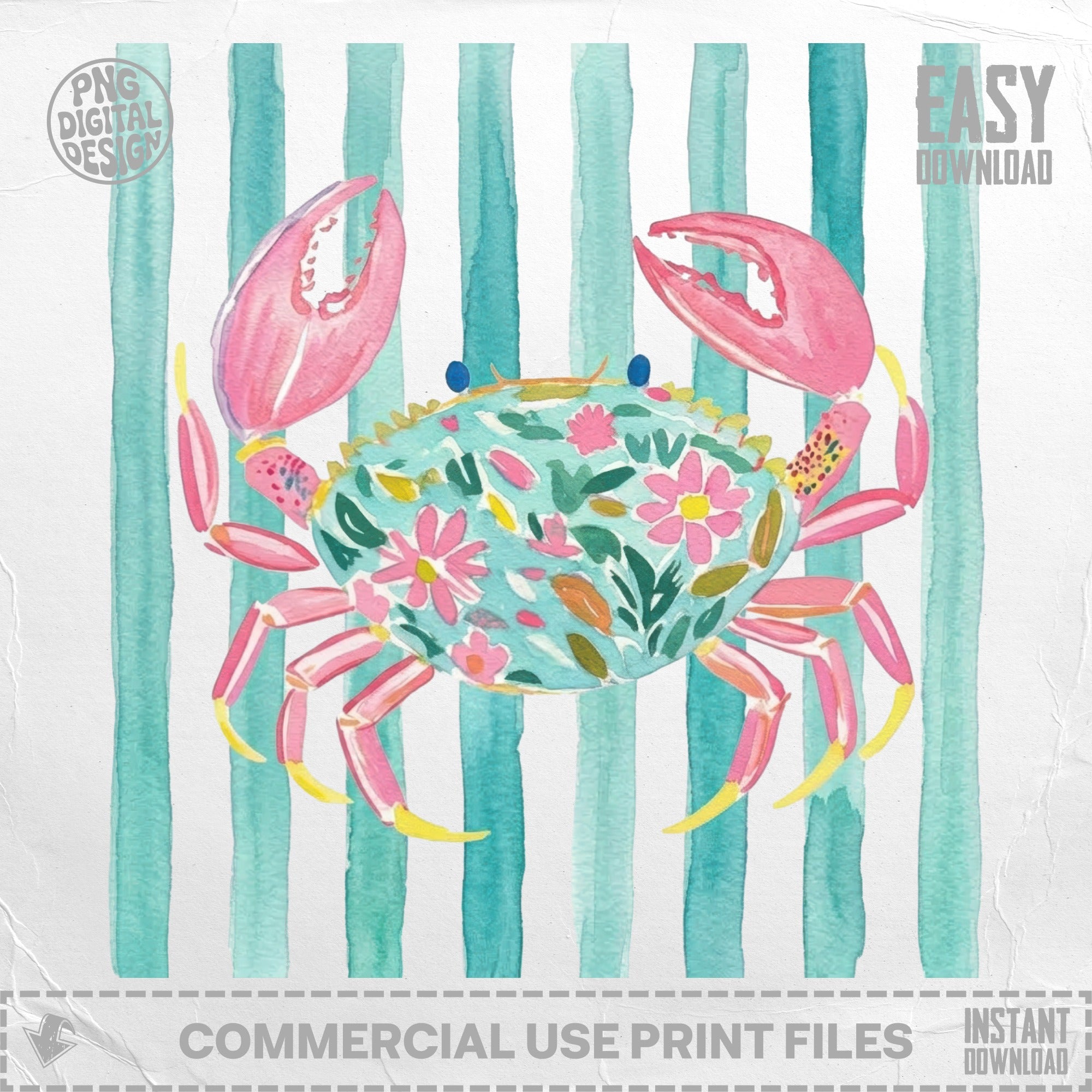 Watercolor crab with floral design on striped blue background.