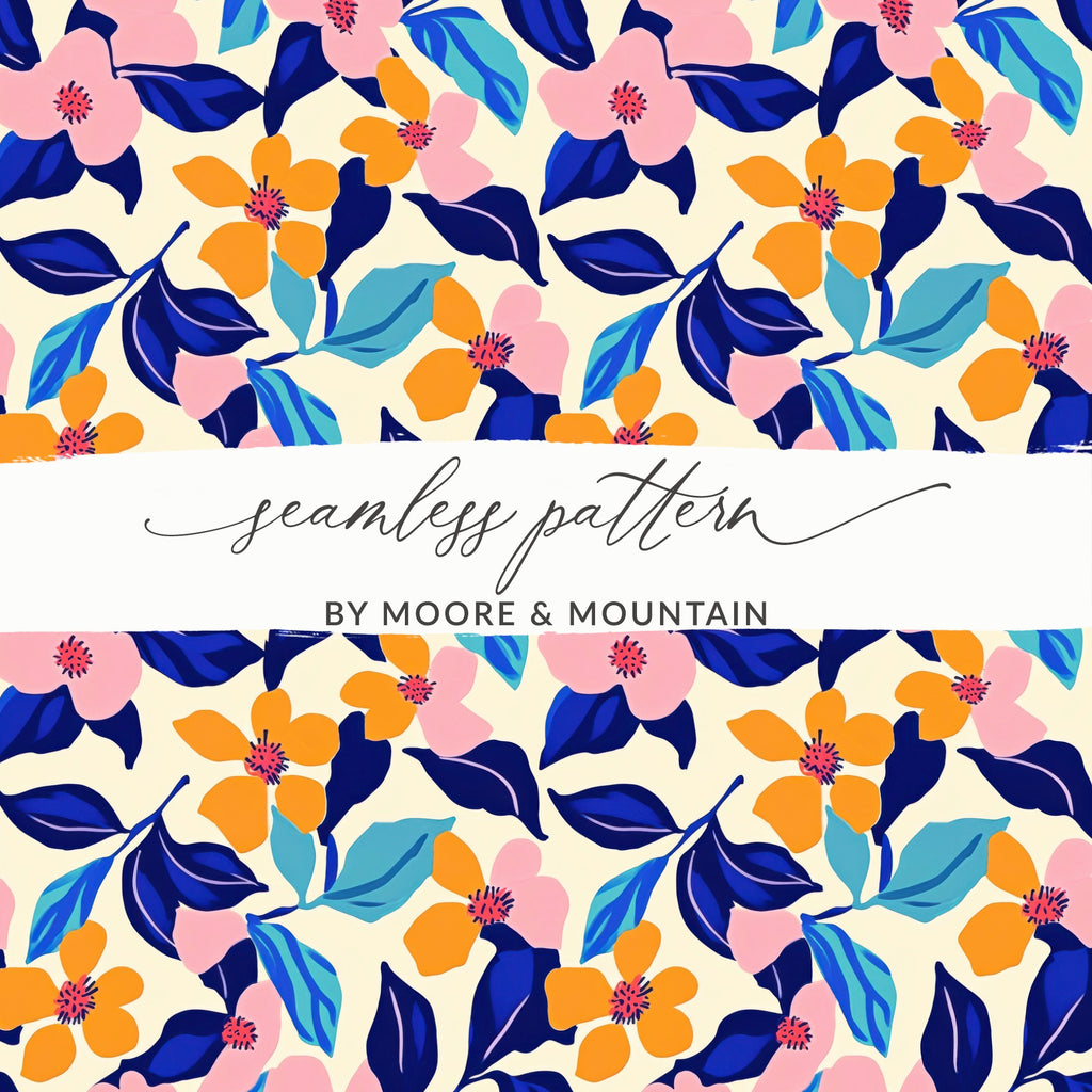 Vibrant Floral Seamless Pattern Digital Paper, Abstract Botanical Print, Bold Summer Flower Design, Blue Pink Orange Flowers Pattern File