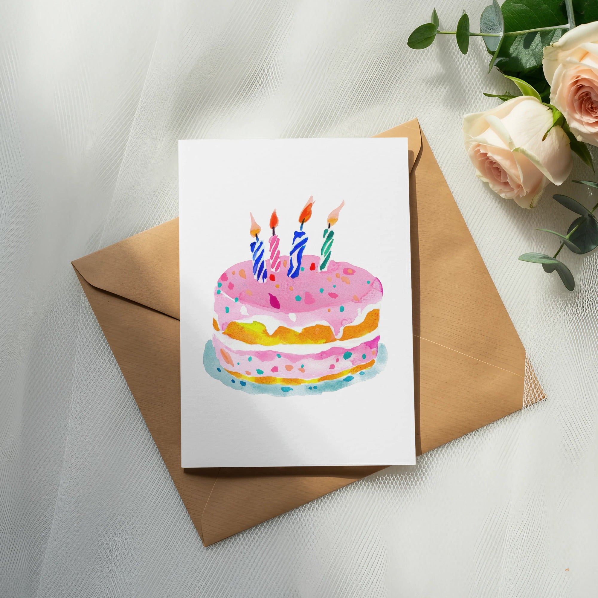 Watercolor birthday cake with pink frosting, candles, and sprinkles on a card.