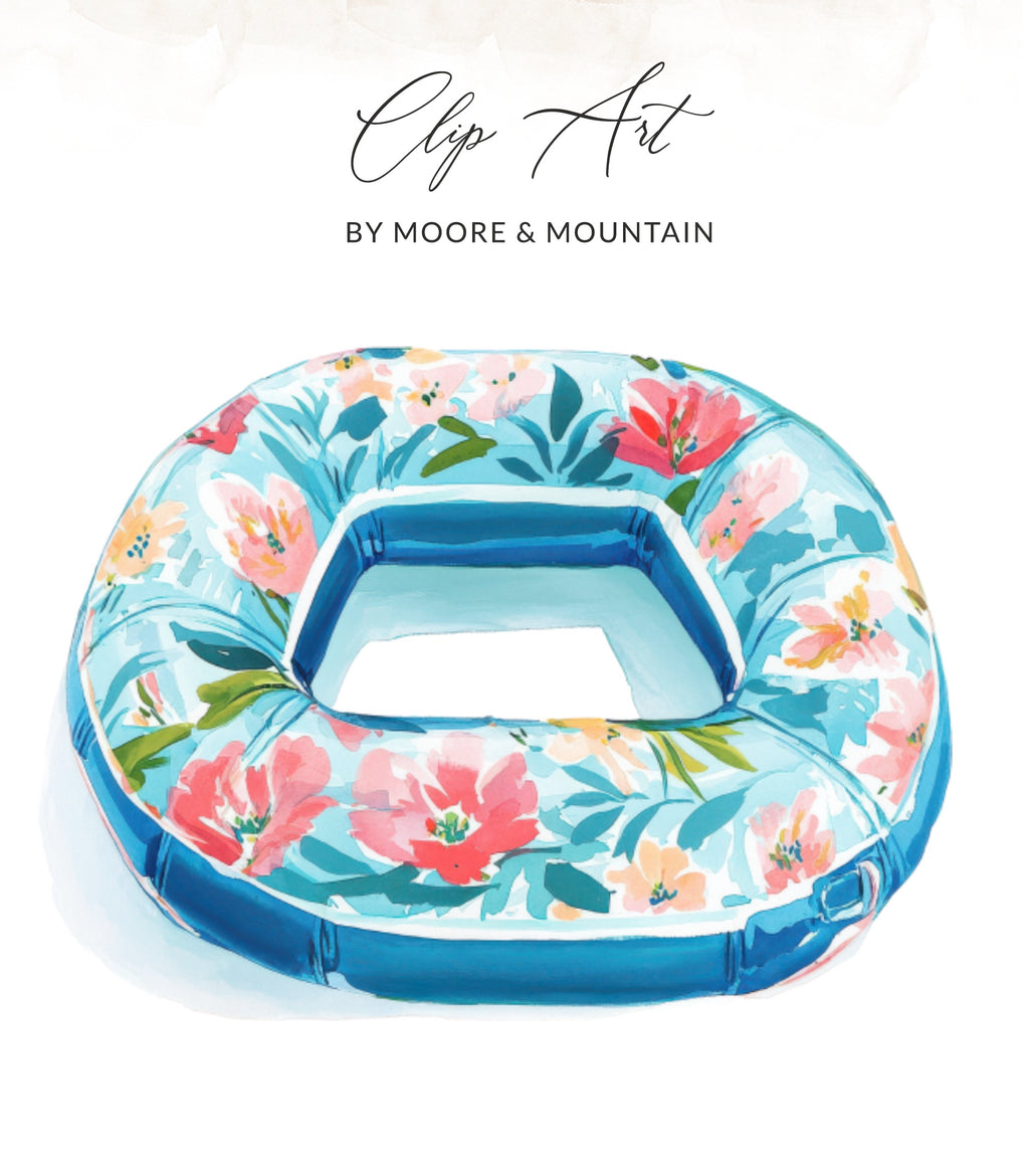 Blue and white floral inflatable pool float with text "Clip Art" and "BY MOORE & MOUNTAIN".