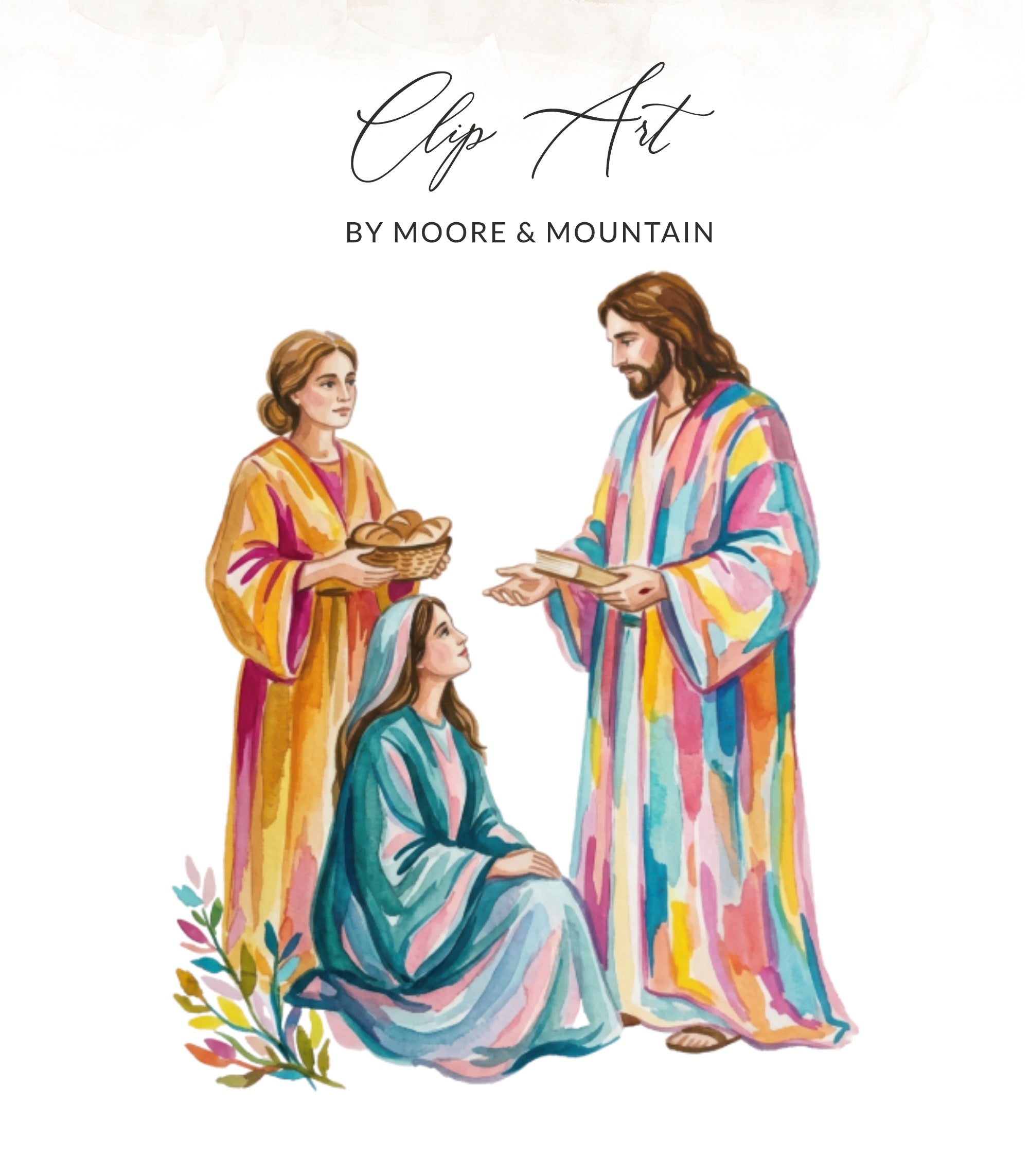Jesus offers bread to two women, one kneeling, with colorful abstract art.
