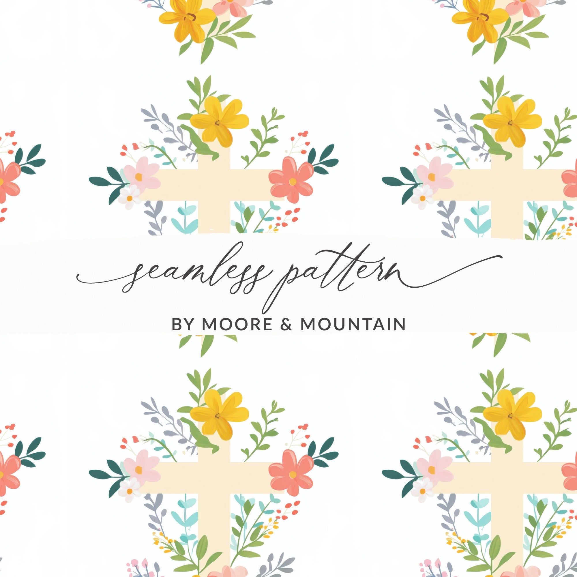 Floral Cross Seamless Pattern, Spring Easter Digital Paper, Religious Fabric Design, Pastel Flowers, Christian Background, JPEG Download