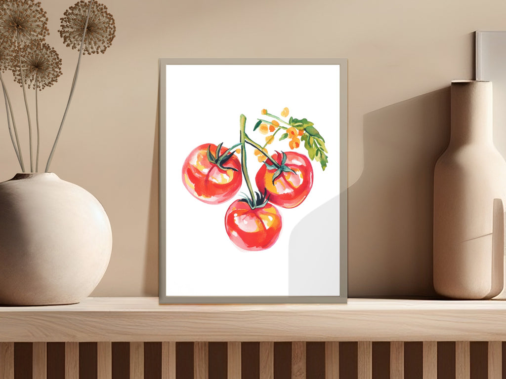 Watercolor painting of three ripe red tomatoes on a vine.