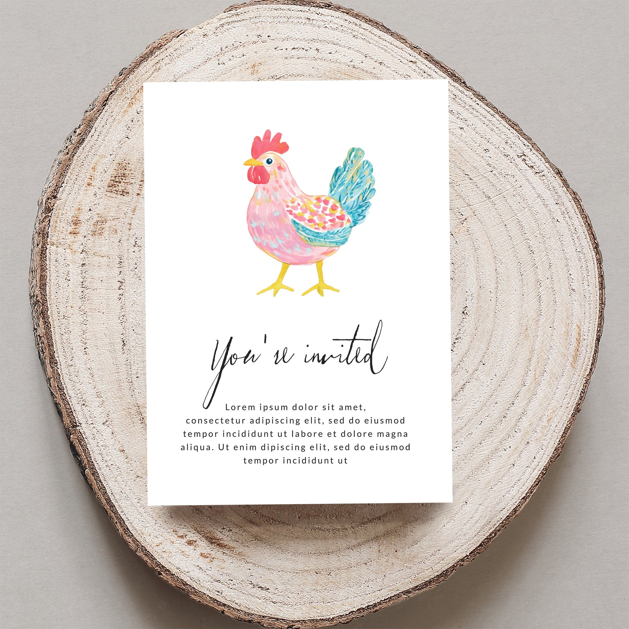 Watercolor chicken illustration on "You're Invited" card with placeholder text.