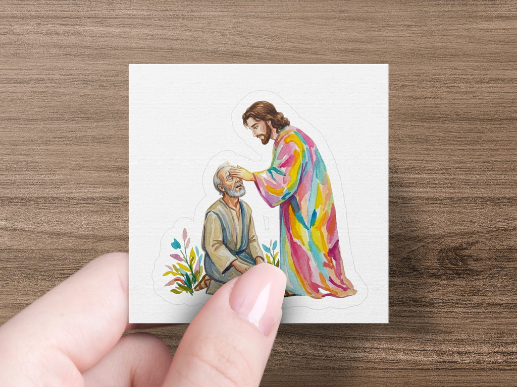 Jesus gently touches a kneeling man's forehead in colorful robe.