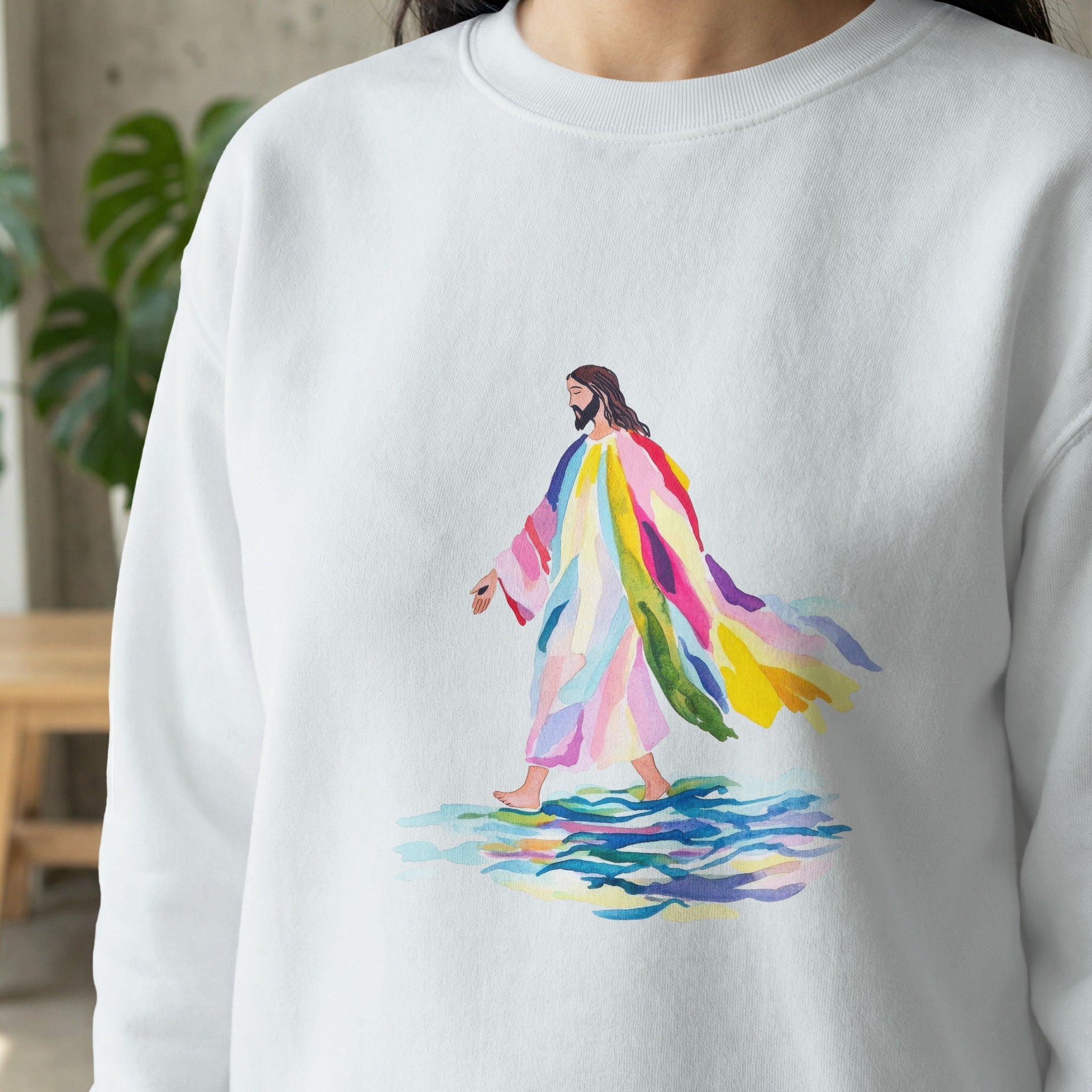 Jesus walking on colorful, watery reflections.