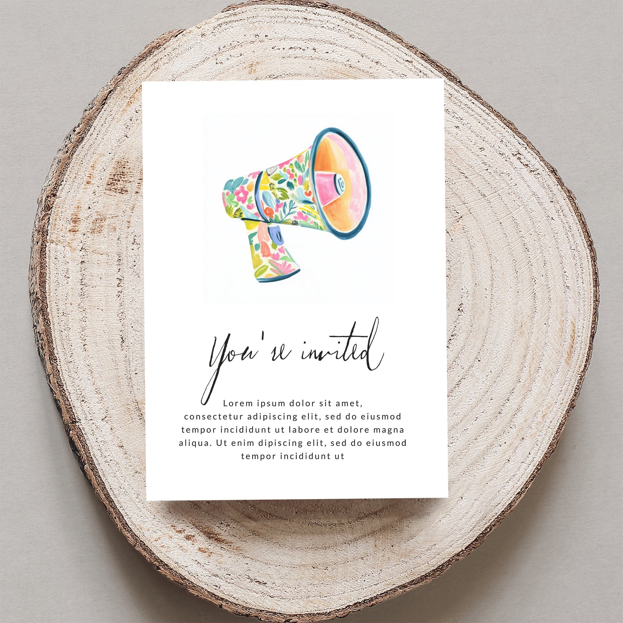 Floral megaphone illustration and "You're invited" text on a card.