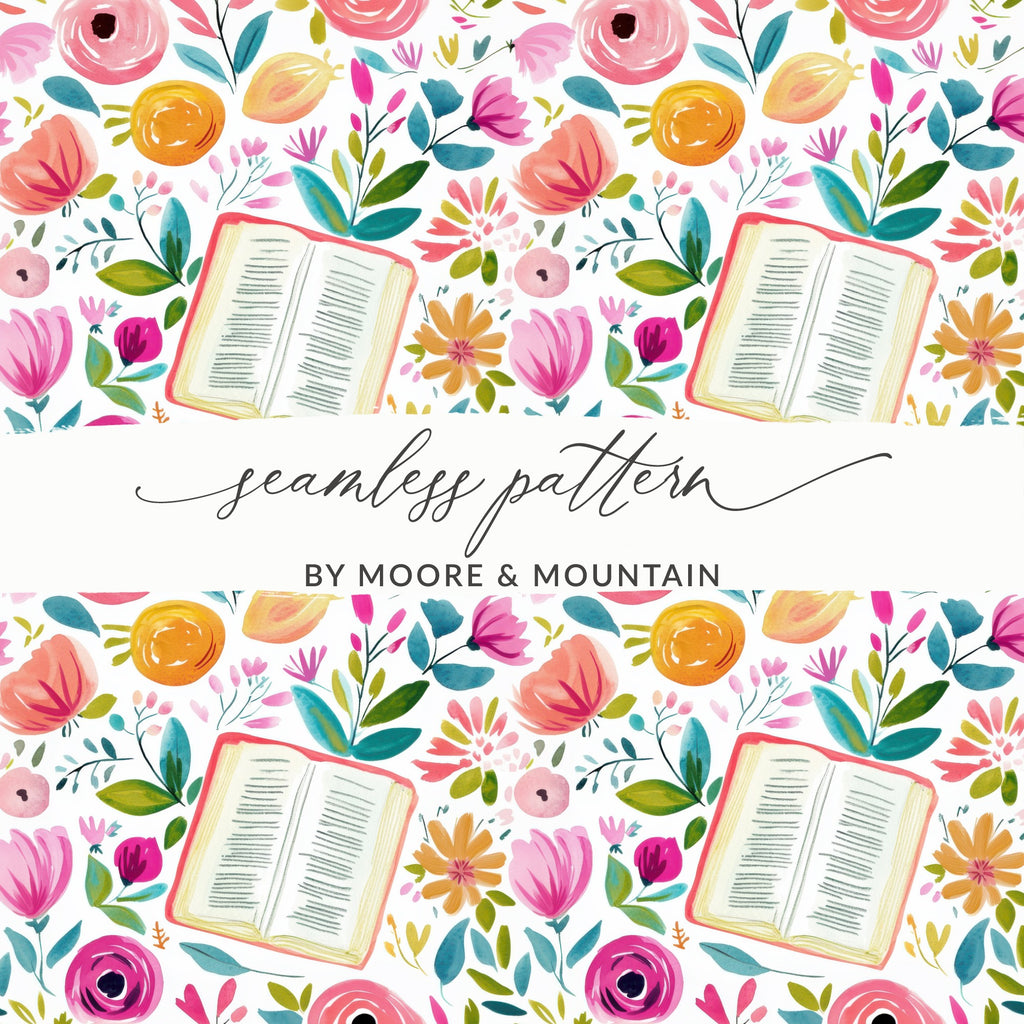 Vibrant Floral and Book Seamless Pattern Design