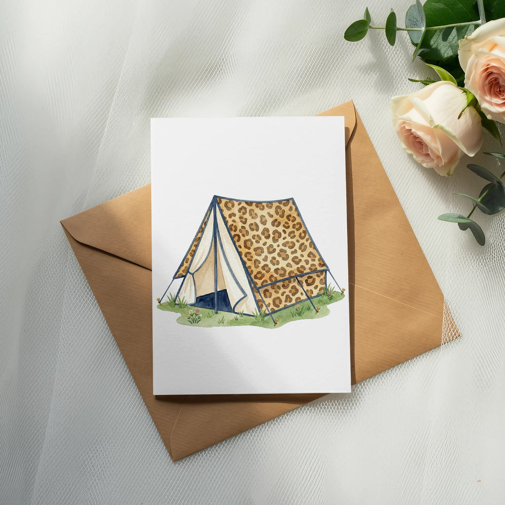 Card with leopard print tent illustration on brown envelope.
