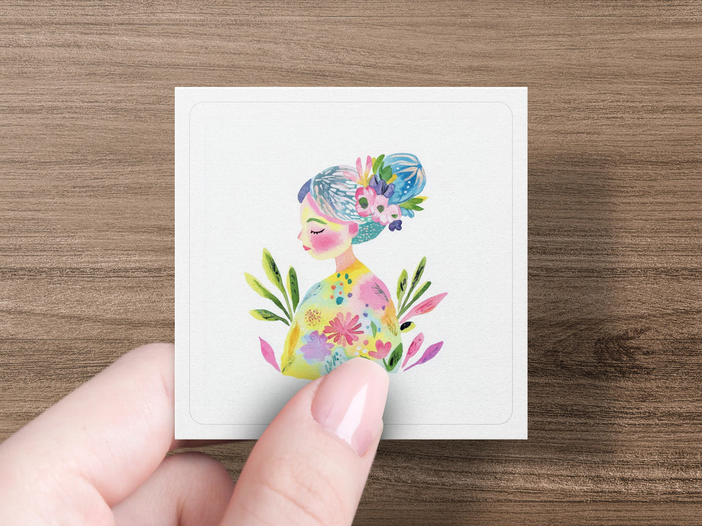 Woman with colorful floral headdress and pastel clothing.