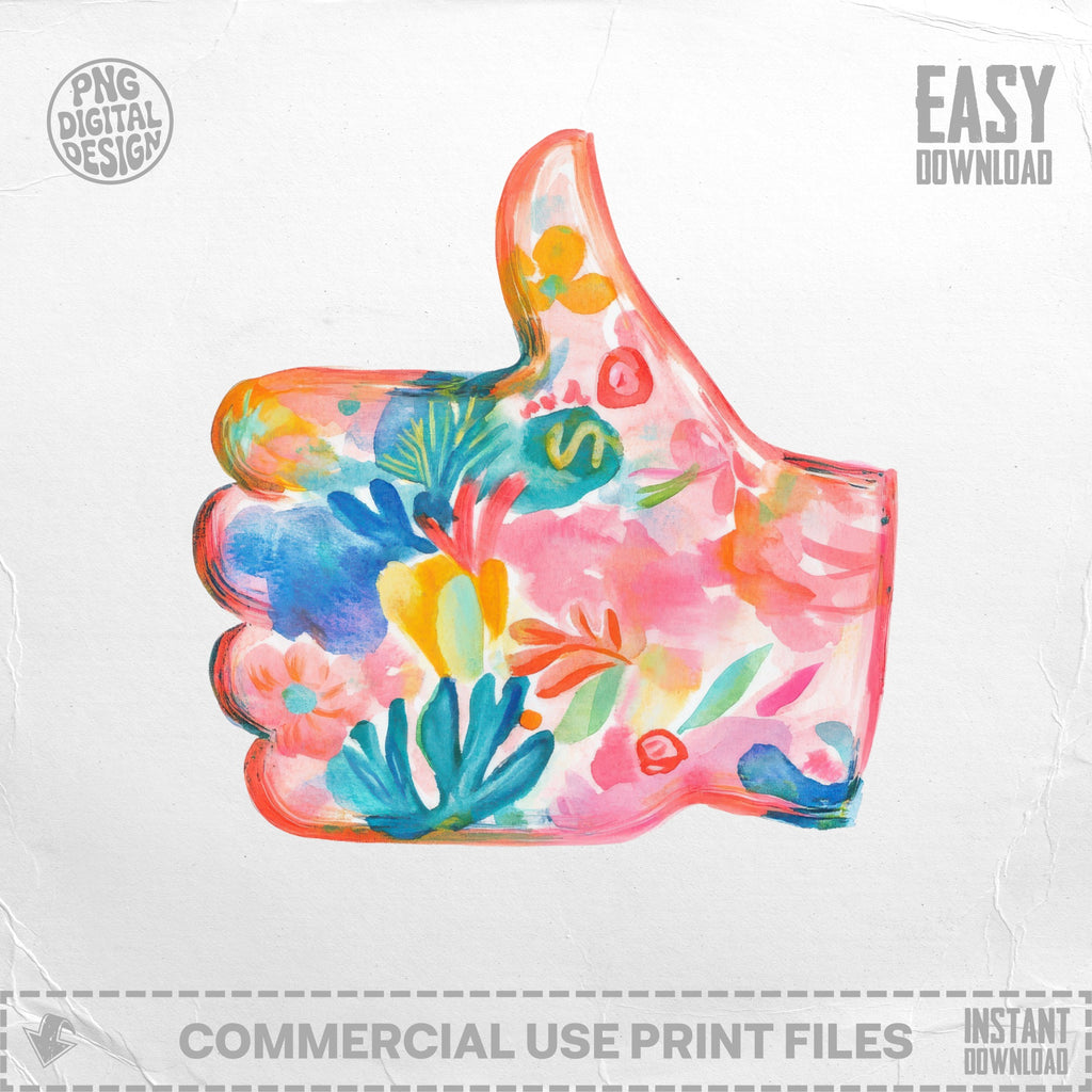Watercolor thumbs-up icon with floral and abstract colorful design.