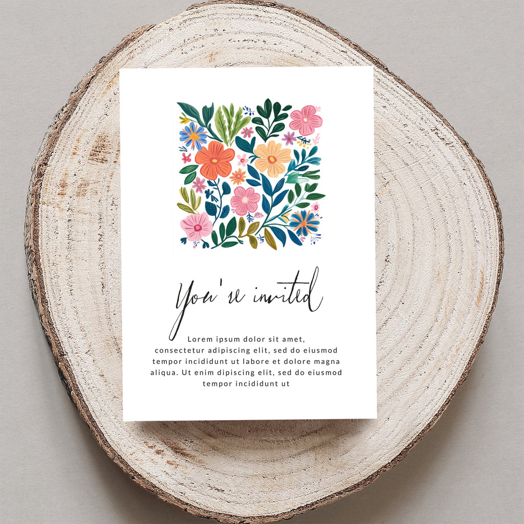 Invitation card with floral design and "You're invited" text.