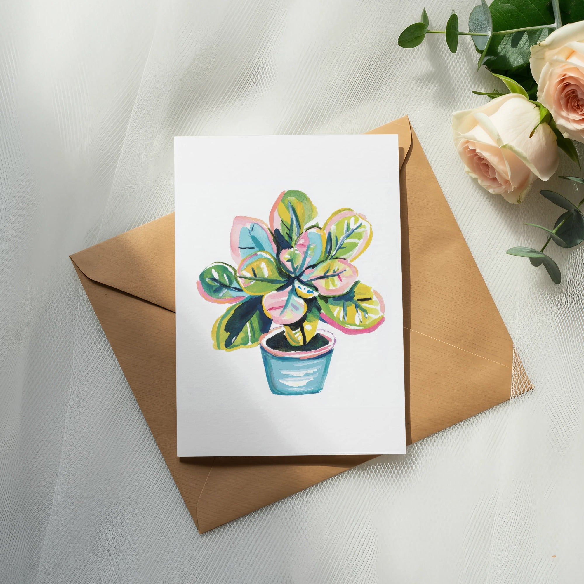 Watercolor illustration of a potted fiddle-leaf fig plant on a card.