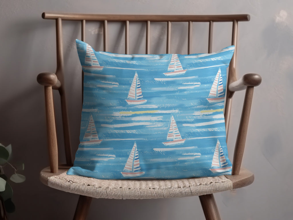 Nautical Blue Sailboat Design Decorative Pillow Cover