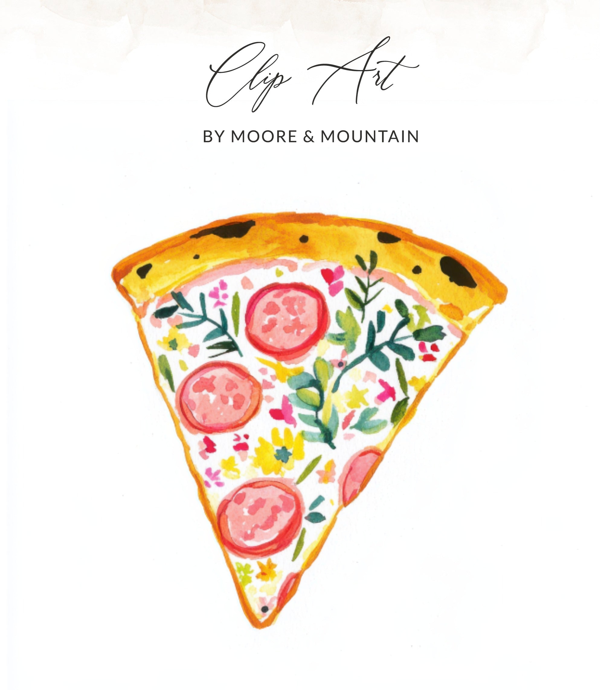 Watercolor pizza slice with pepperoni, flowers, and leaves, by Moore & Mountain.