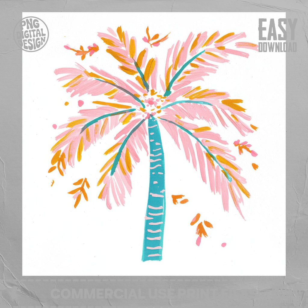 Hand-painted palm tree with pink and orange fronds on white background.