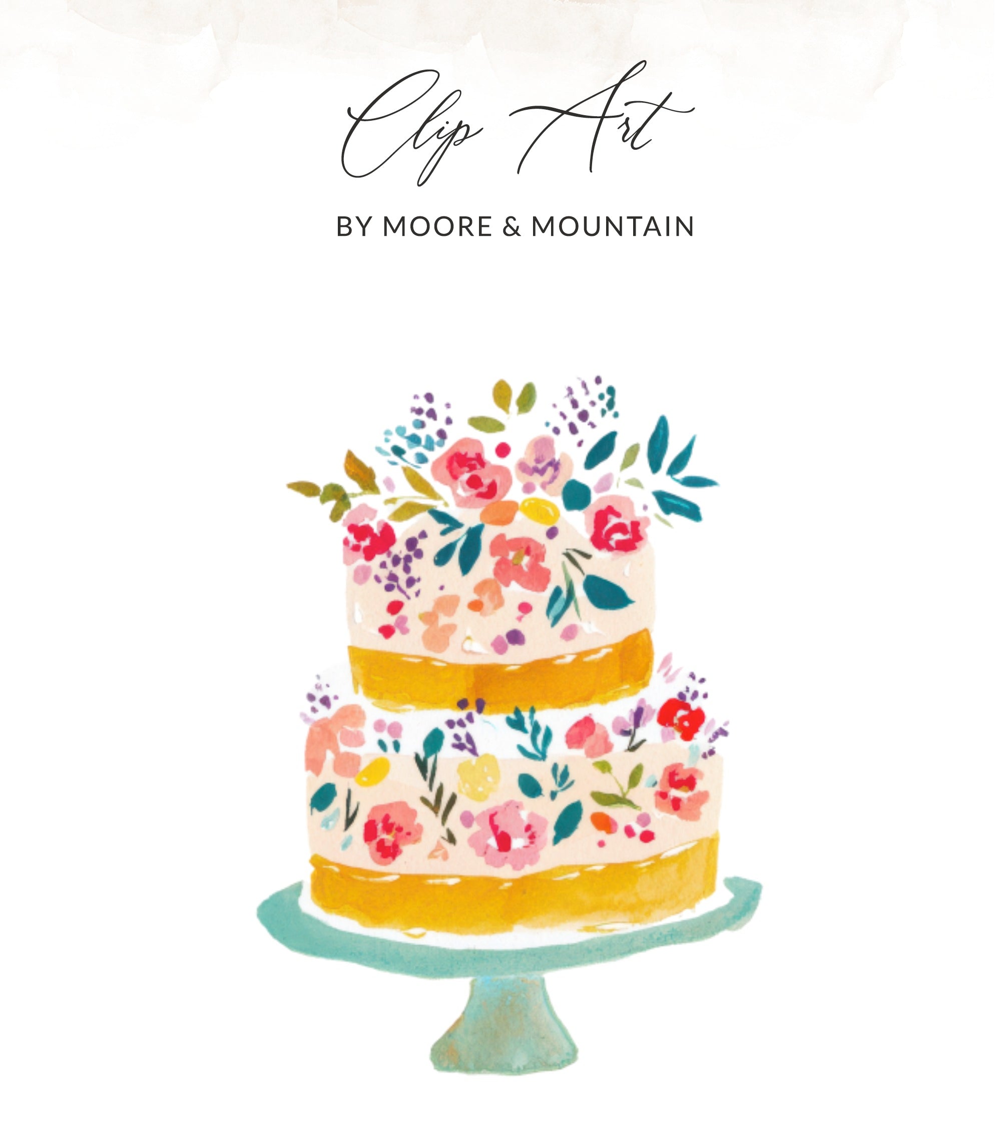 Watercolor two-tier cake with floral decorations, on a cake stand.