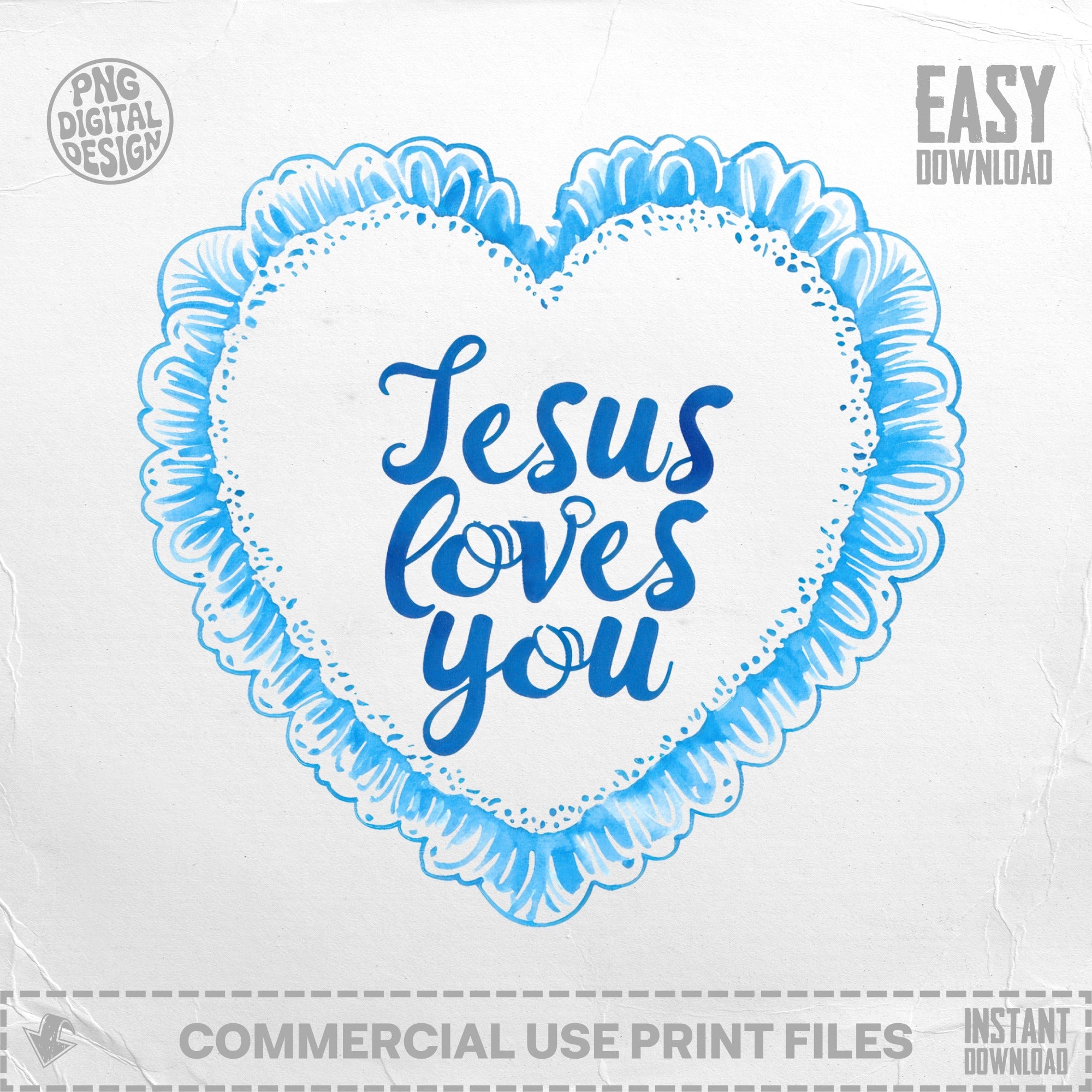 Blue heart border with text "Jesus loves you" in center.