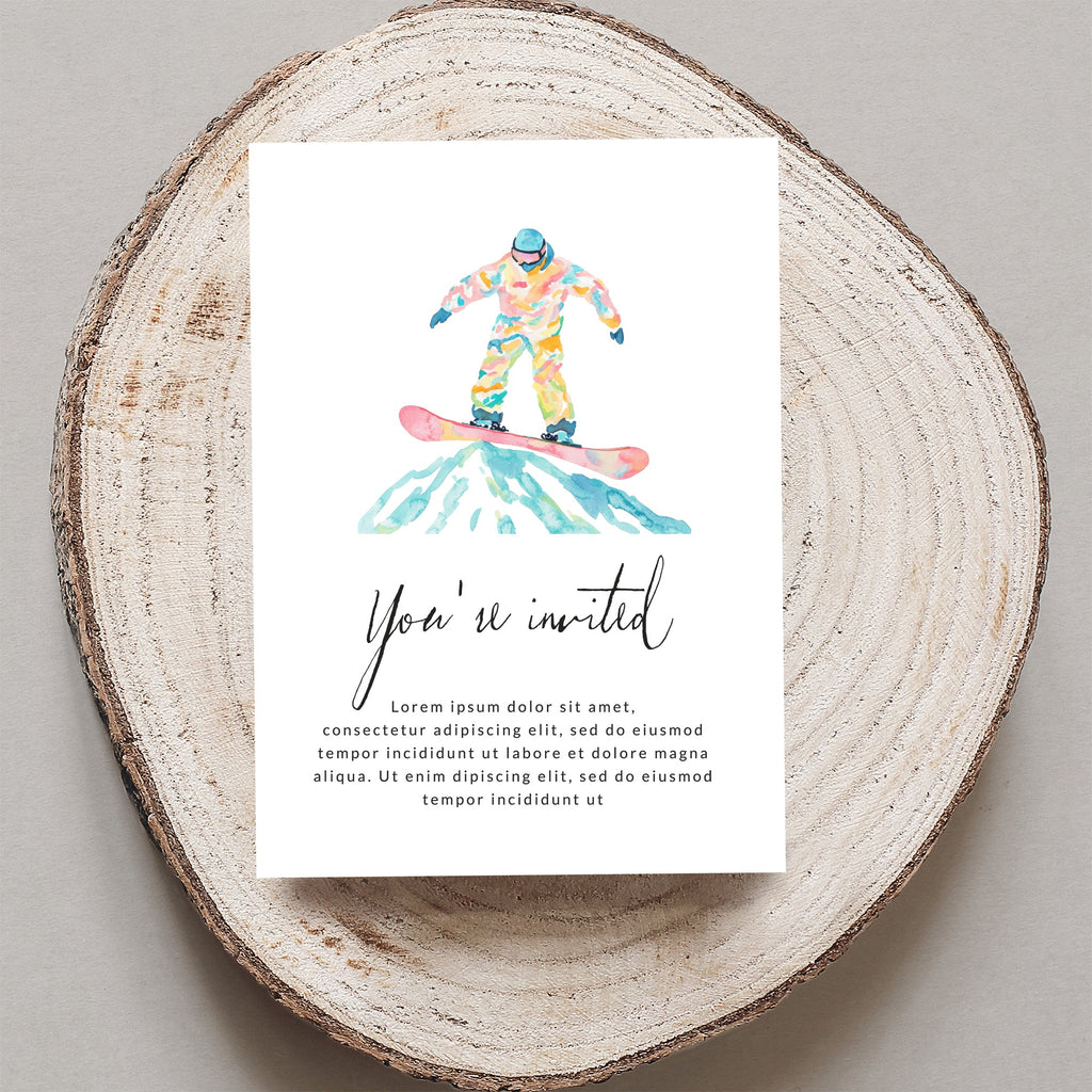 Watercolor snowboarder invitation with "You're invited" text.