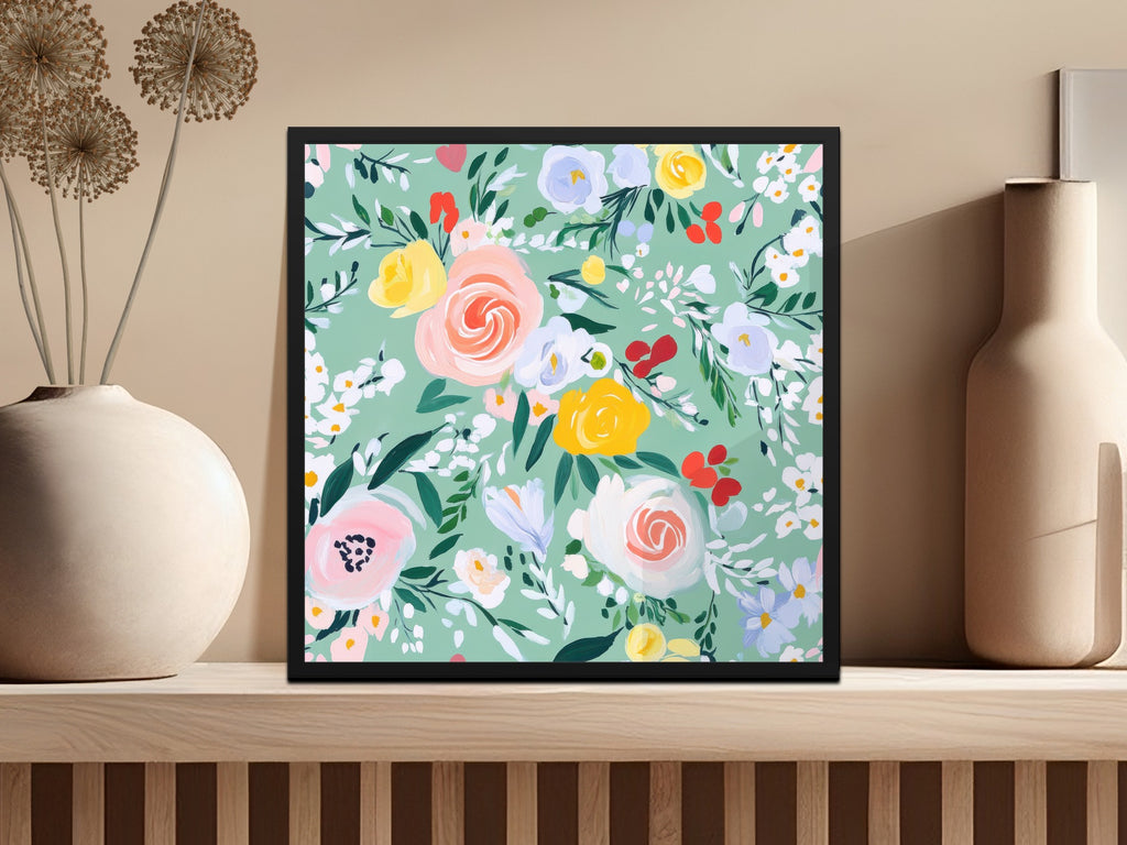 Abstract Floral Seamless Pattern, Spring Ditsy Digital Paper, Acrylic Painted, Fine Art Floral, Green and Pink, Modern Gouache