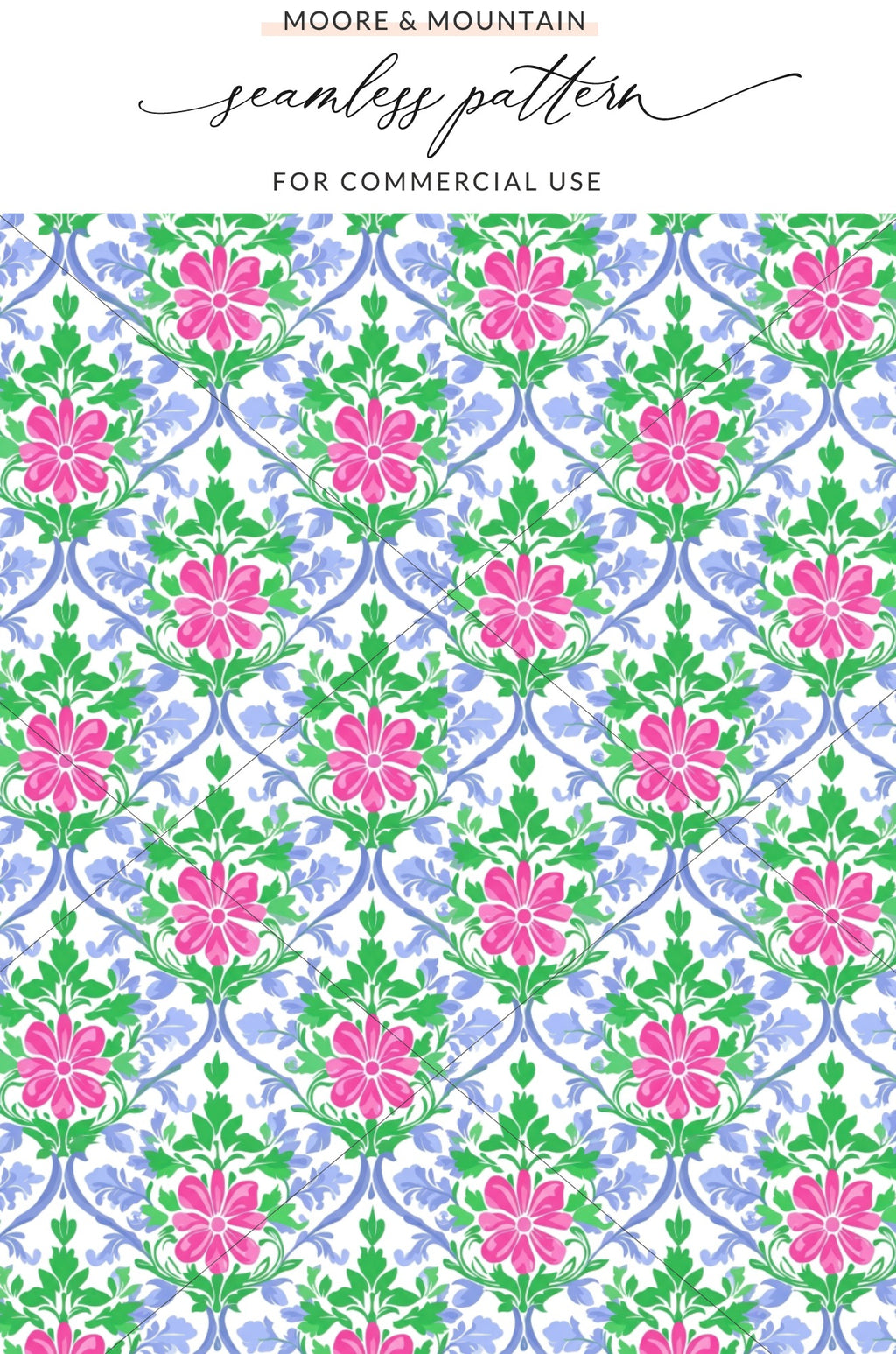 Pink and blue floral damask pattern with a "Moore & Mountain" watermark.