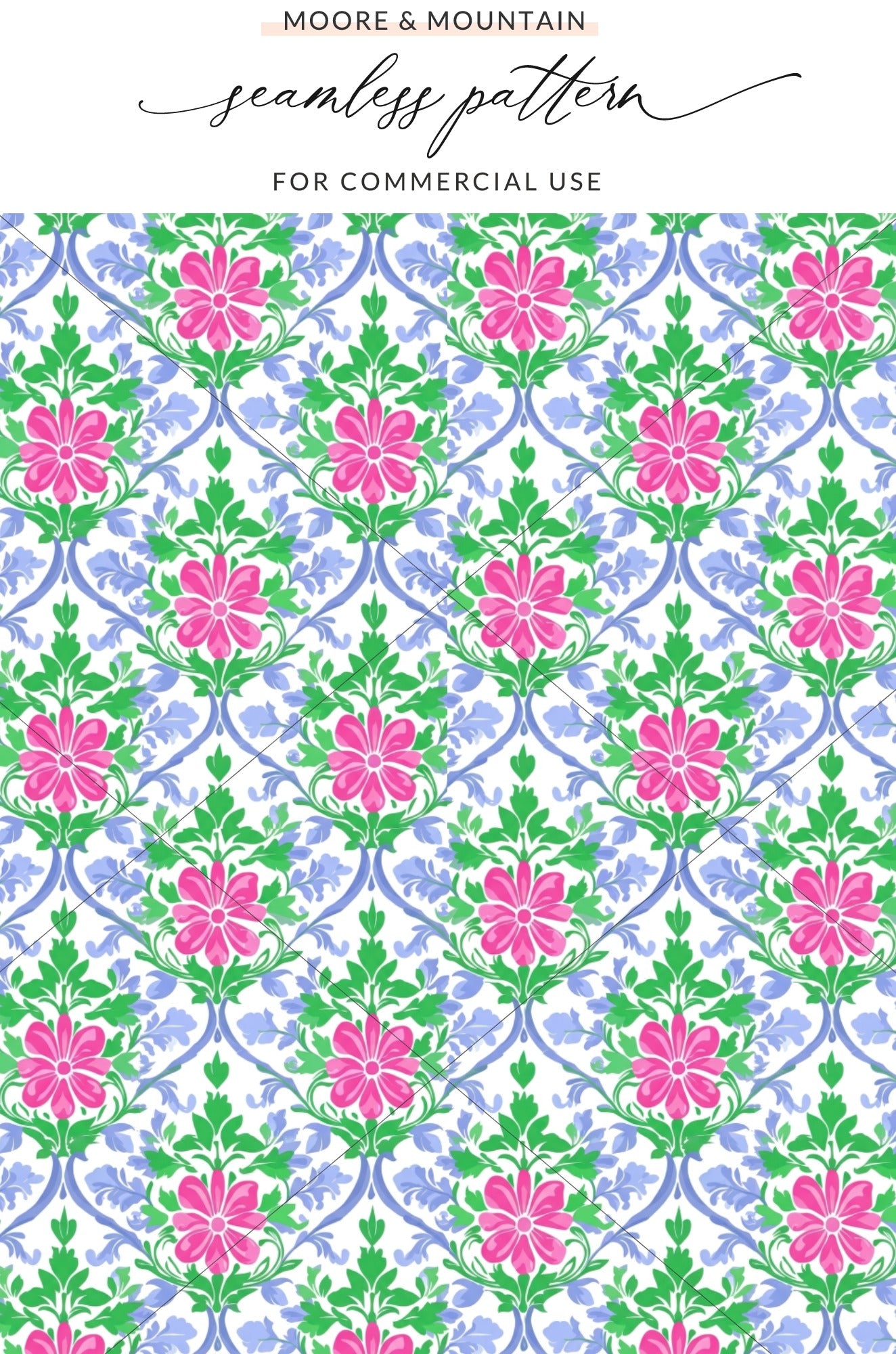 Pink and blue floral damask pattern with a "Moore & Mountain" watermark.