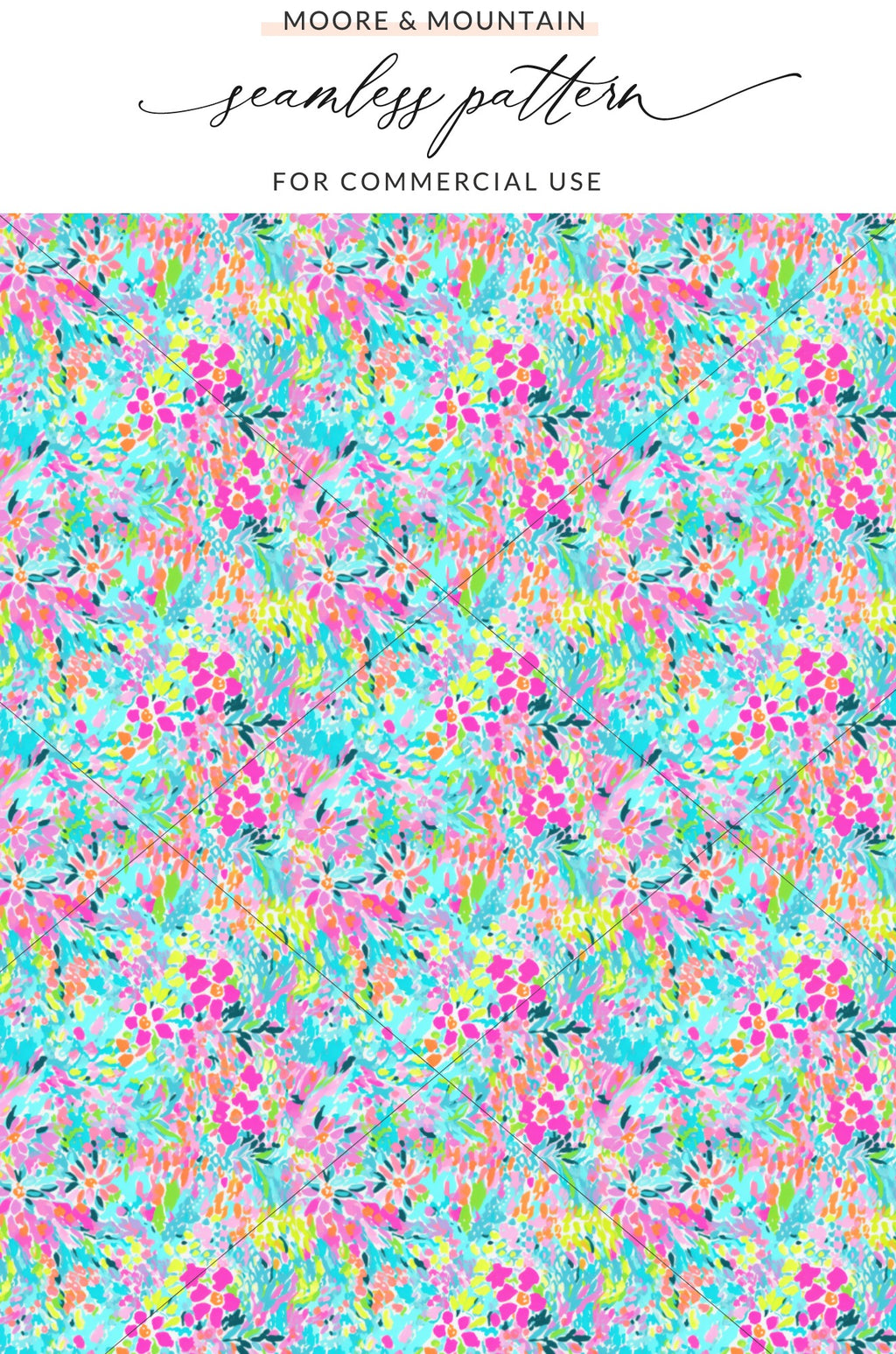 Abstract floral pattern with vibrant pink, blue, and yellow brushstrokes.