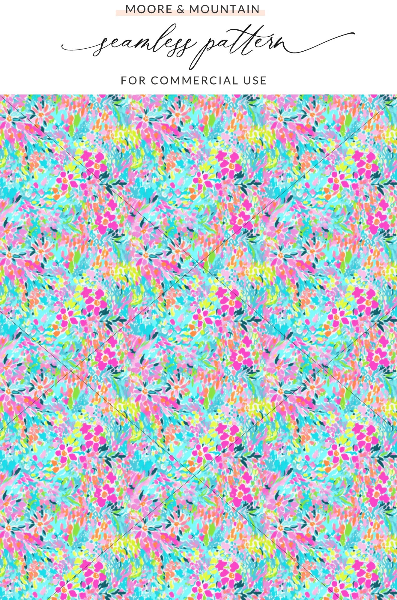 Abstract floral pattern with vibrant pink, blue, and yellow brushstrokes.
