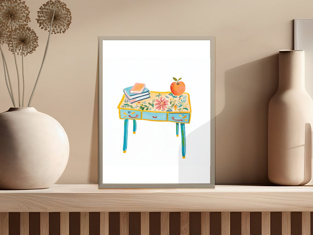 Illustration of a decorative desk with books and an apple.