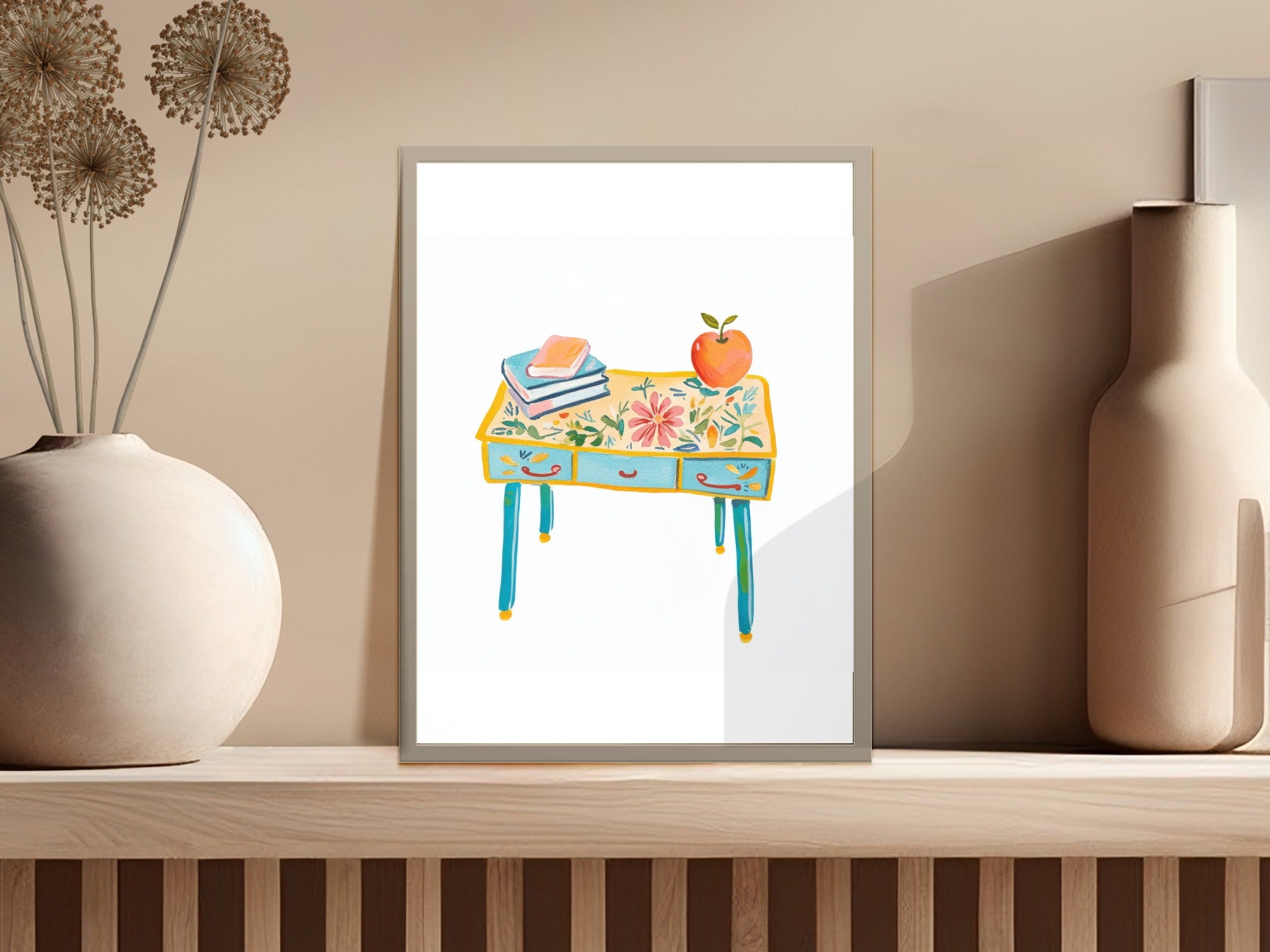 Illustration of a decorative desk with books and an apple.
