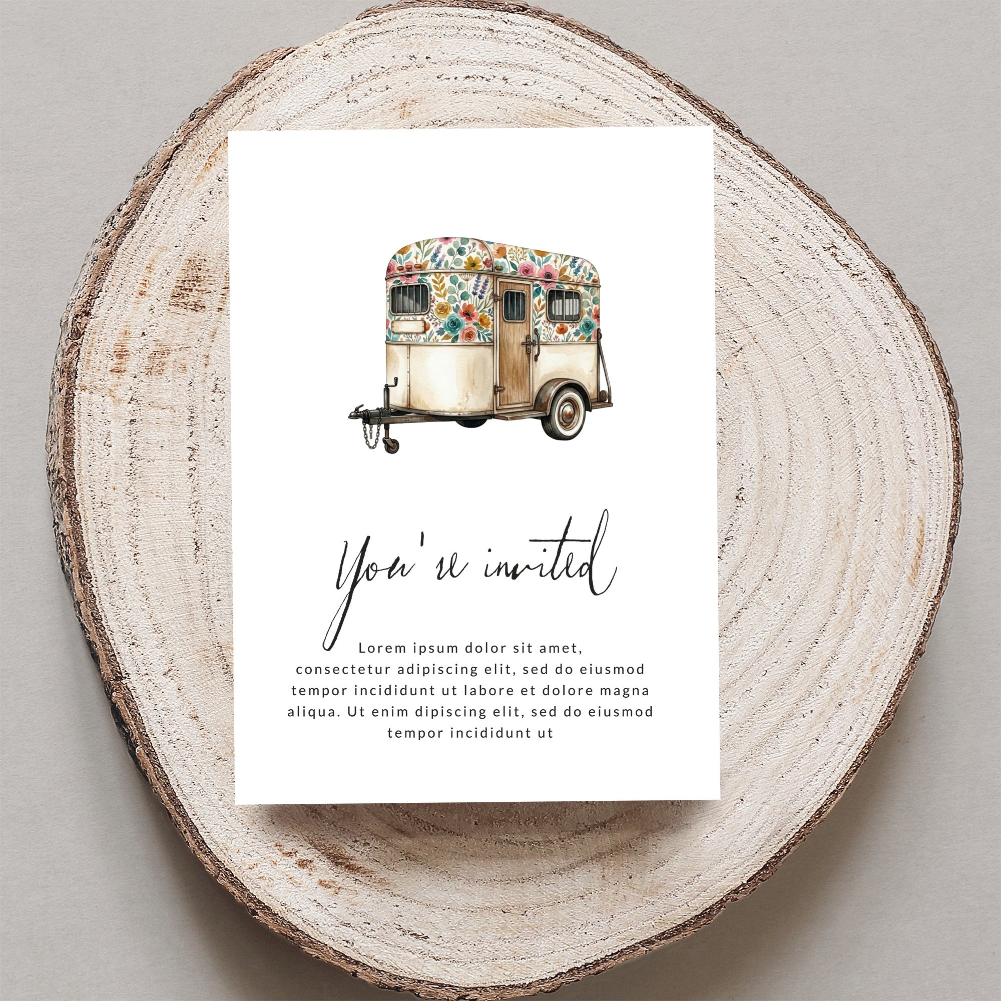 Invitation card with floral trailer illustration and "You're invited" text.