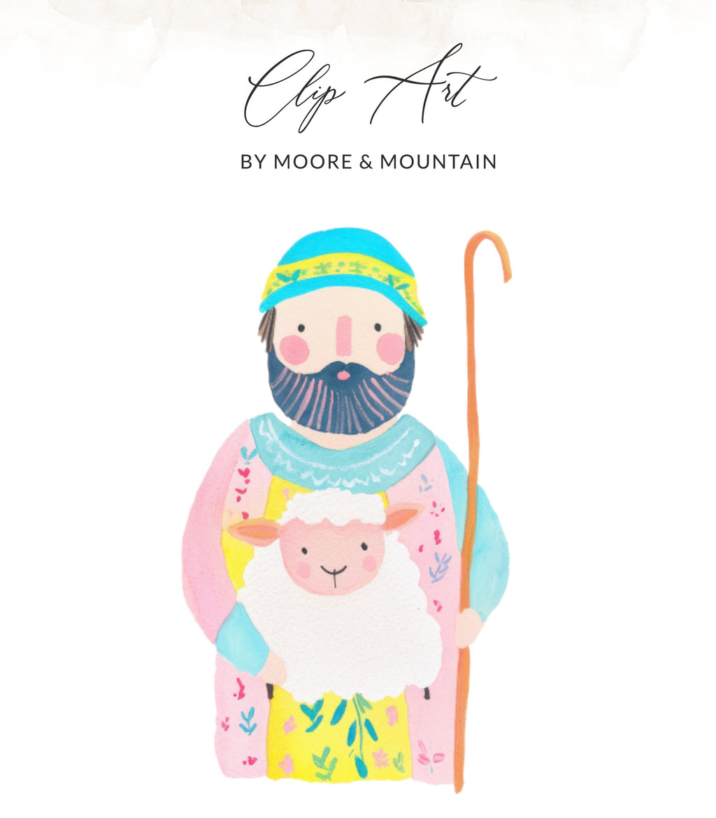 Shepherd with sheep, holding crook, in colorful robes.
