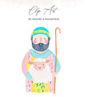 Shepherd with sheep, holding crook, in colorful robes.