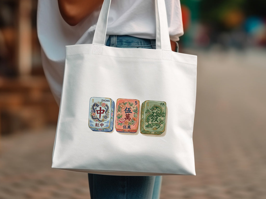 White tote bag with three colorful Mahjong tiles: Zhong, Ma Jiong, and Fa.