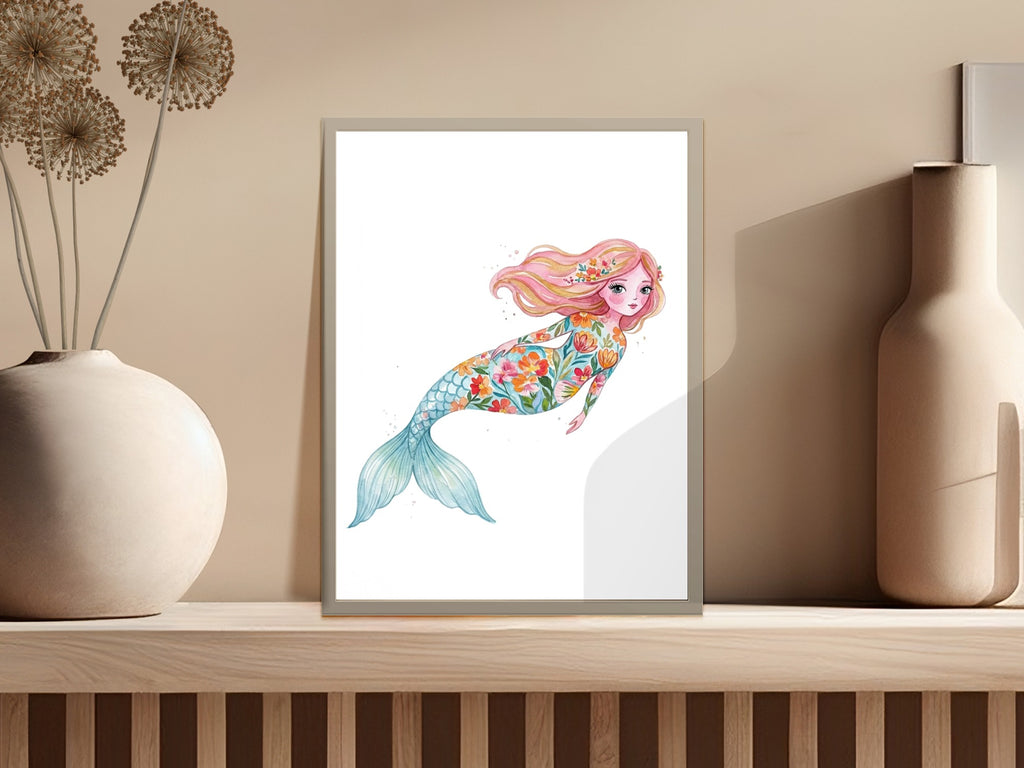 Illustration of a mermaid with colorful floral patterns on her tail and body.