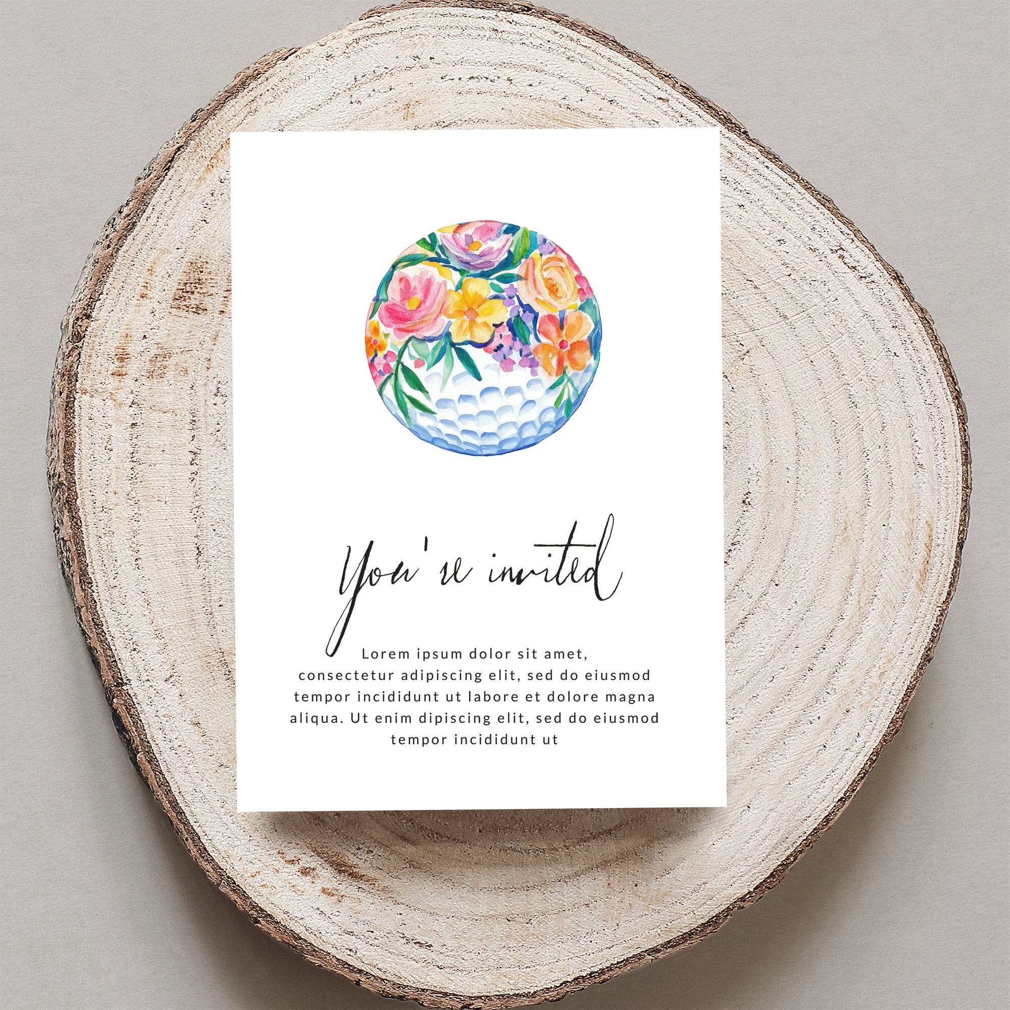Invitation with floral golf ball graphic and placeholder text.
