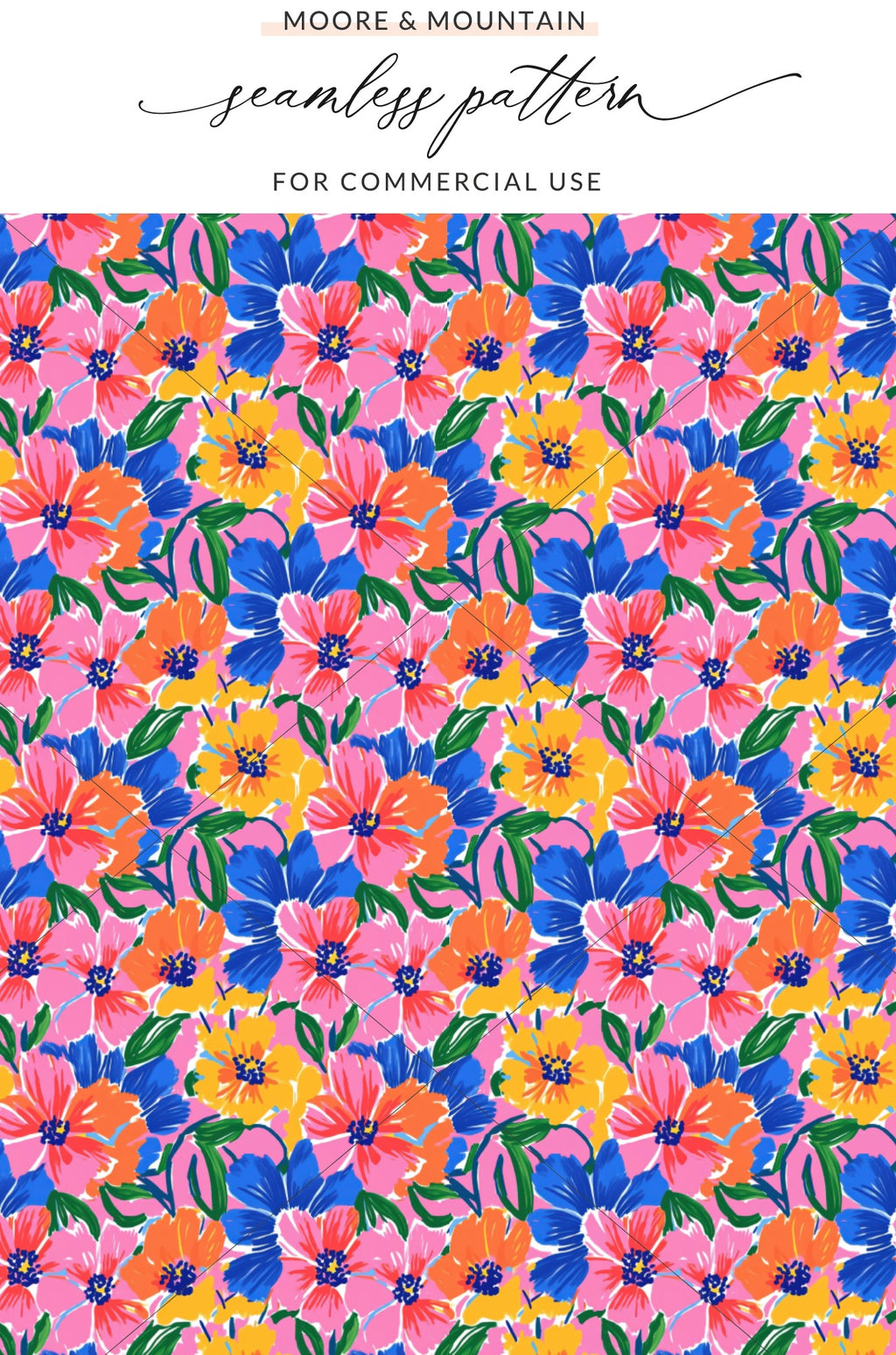 Seamless floral pattern with pink, blue, and yellow flowers on a blue background.