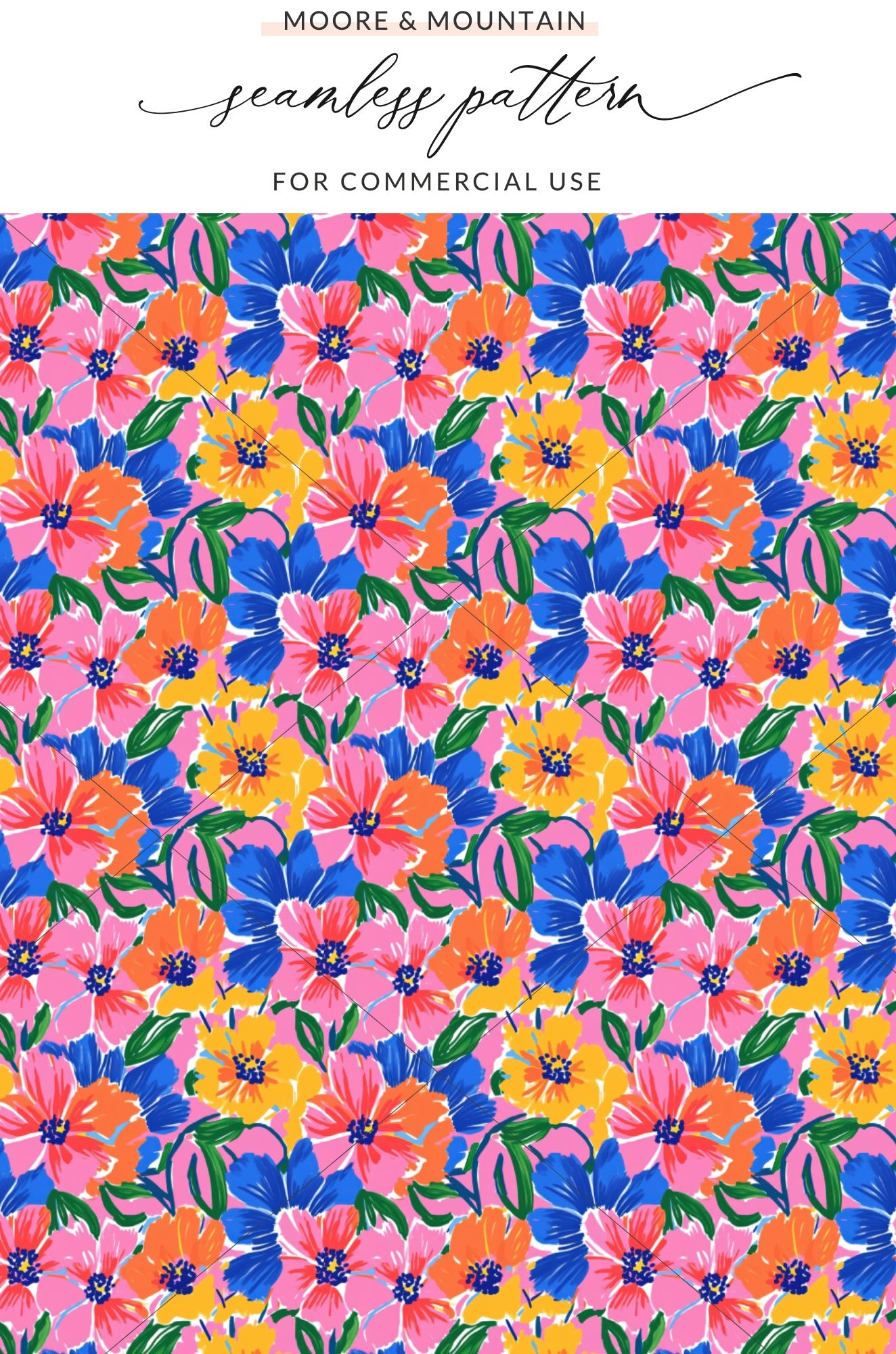 Seamless floral pattern with pink, blue, and yellow flowers on a blue background.