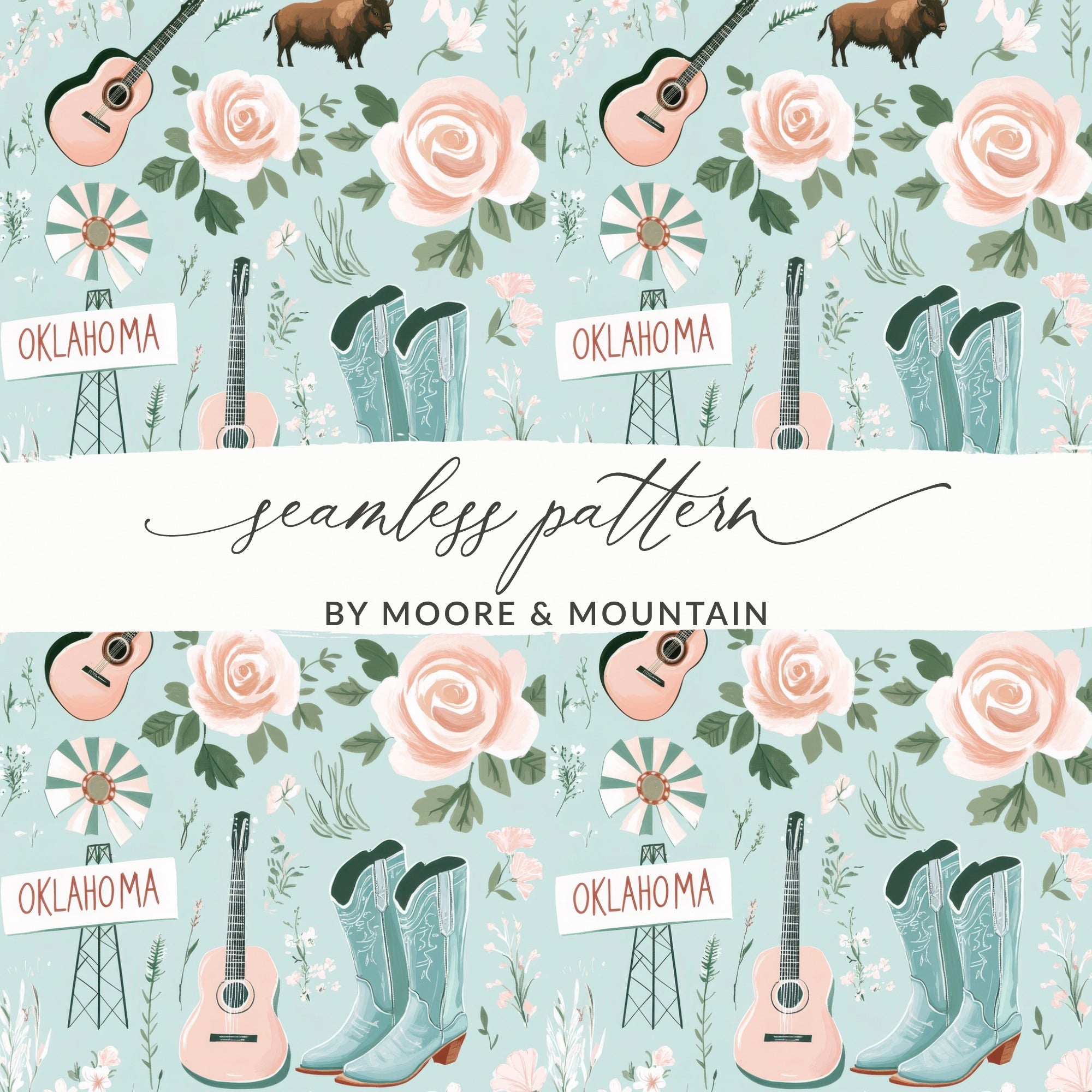 Oklahoma and Floral Western Theme Seamless Pattern