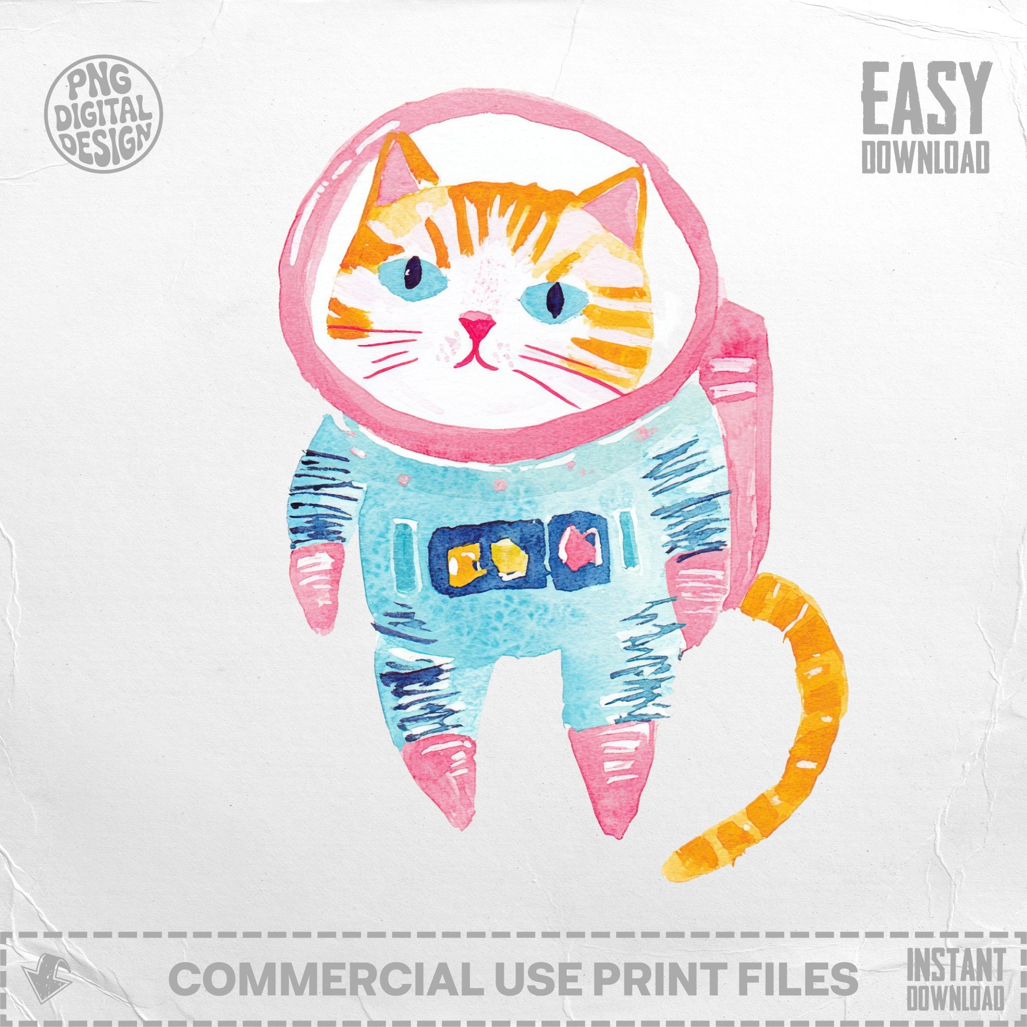 Whimsical watercolor cat astronaut in a blue and pink suit, with "EASY DOWNLOAD" text.