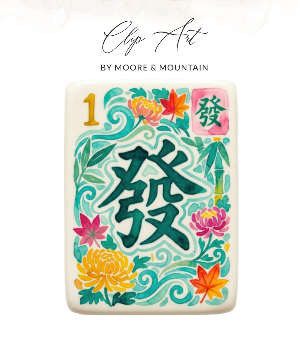 Mahjong tile with "發" (fa) character surrounded by floral and leaf motifs.