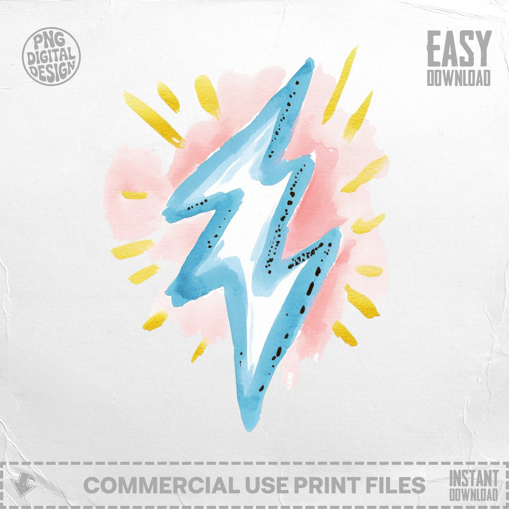 Blue lightning bolt with pink and yellow watercolor background.