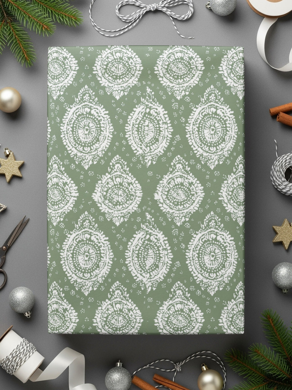 Elegant Green and White Holiday Gift Wrap Sheet