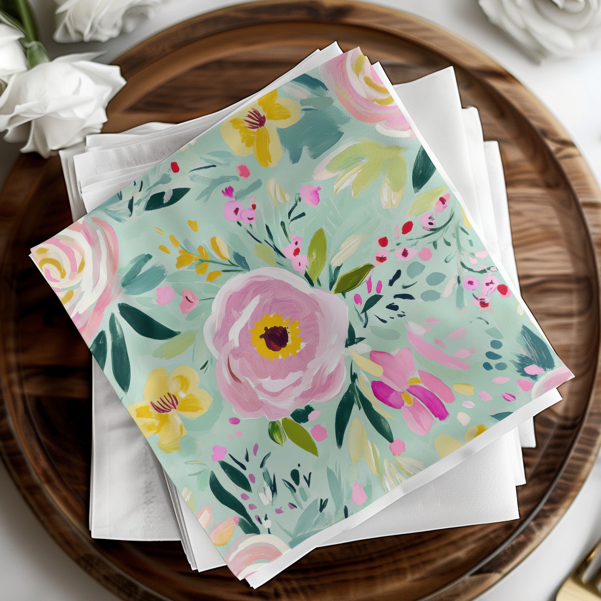 Abstract Floral Seamless Pattern Digital, Spring Ditsy Green Pink Yellow Flowers, Modern Gouache Painted Fine Art Floral Print, Digital