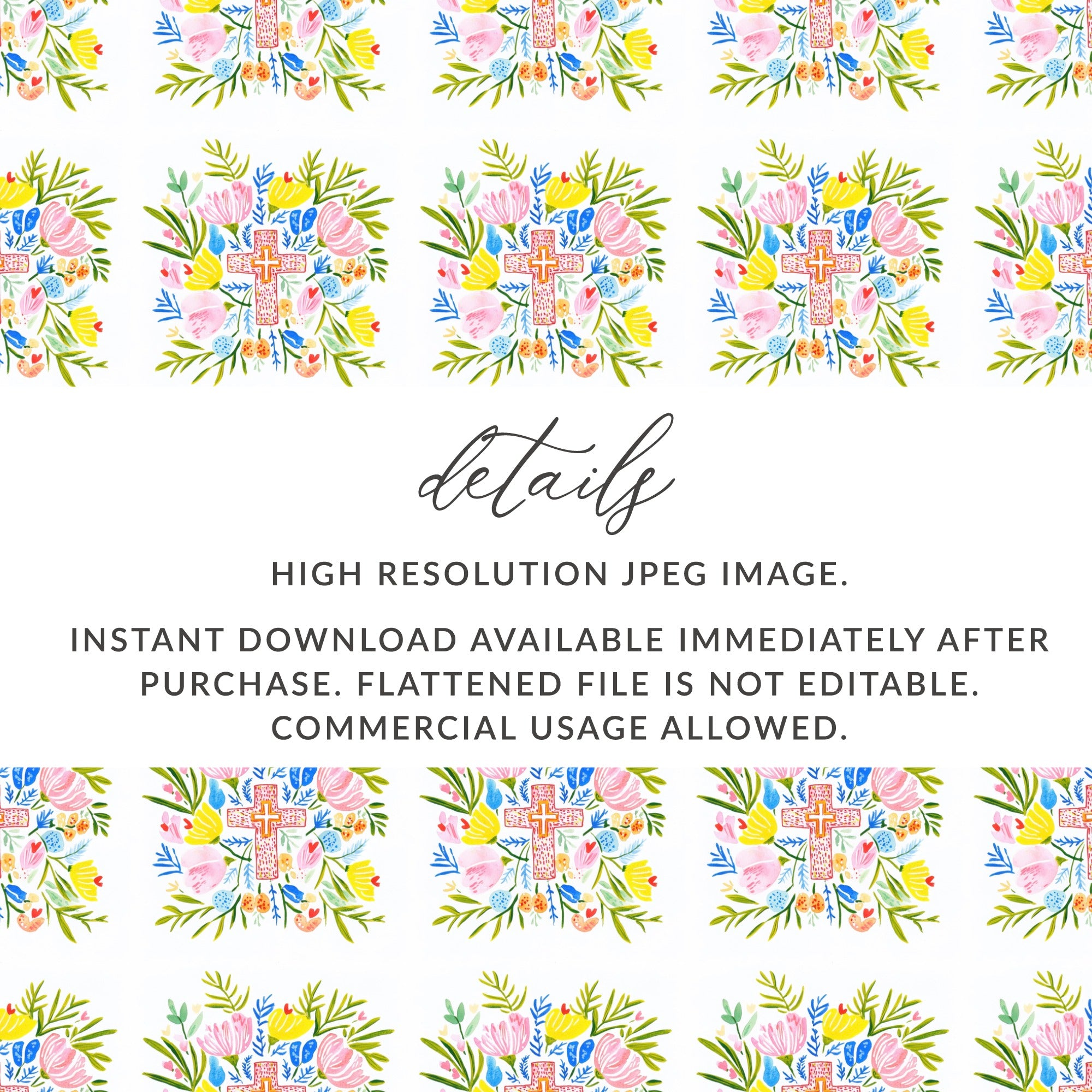 Floral Cross Watercolor Spring Design Digital product type
Floral Cross, Watercolor Pattern, Spring Flowers, Easter Design, Religious Art, Digital Pattern, Seamless Design, Commercial License, Christian Faith, Hand Painted, Colorful Floral, Boho Style, Bright Artwork, Holy Week Art, Spiritual Symbol, Botanical Cross, Scrapbook Digital, Digital Paper, Sublimation Print, Graphics Image