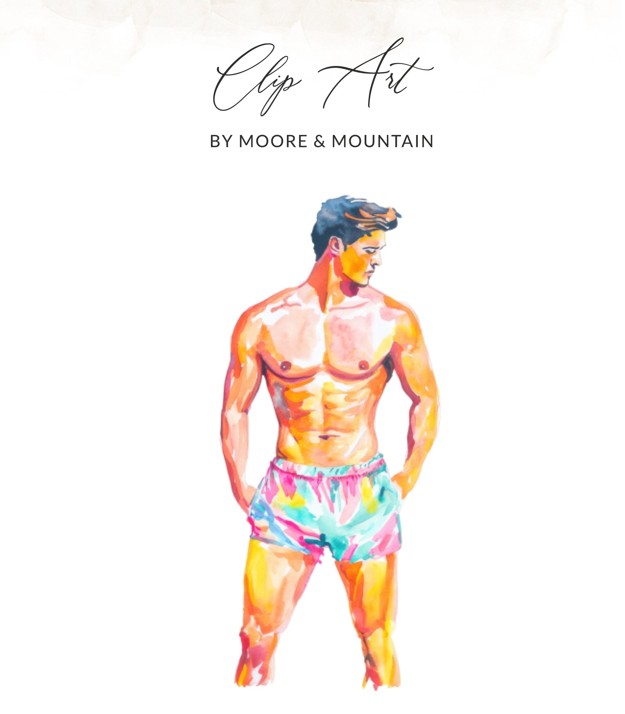 Watercolor painting of a muscular man in colorful swim trunks.
