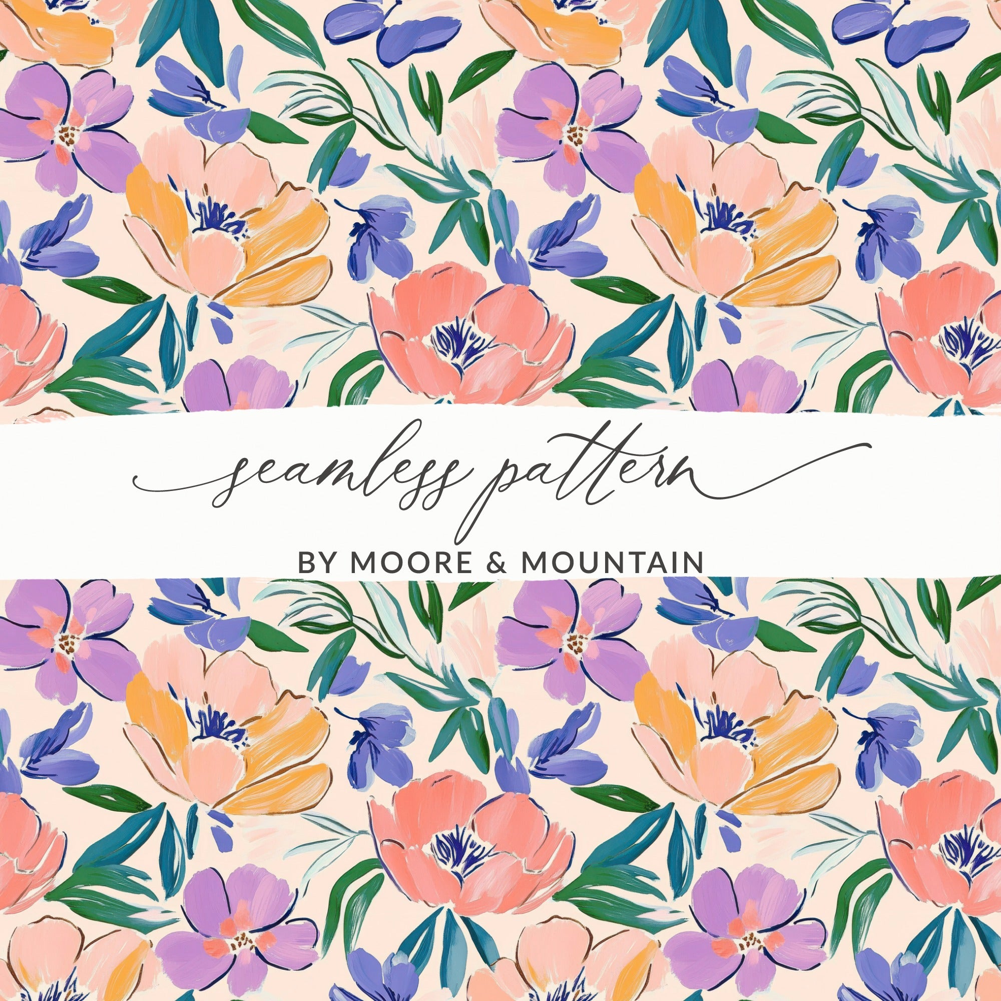 Seamless floral pattern with coral, purple, and blue flowers on a peach background.