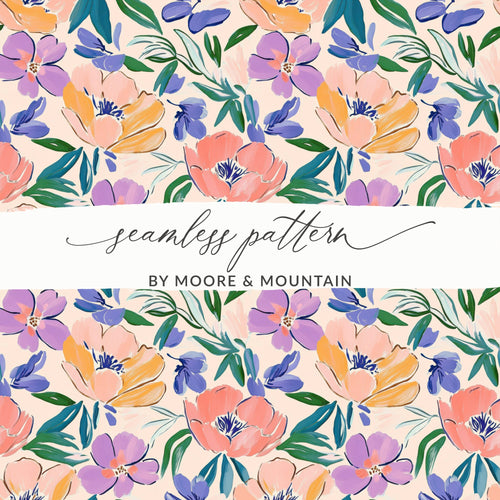 Seamless floral pattern with coral, purple, and blue flowers on a peach background.
